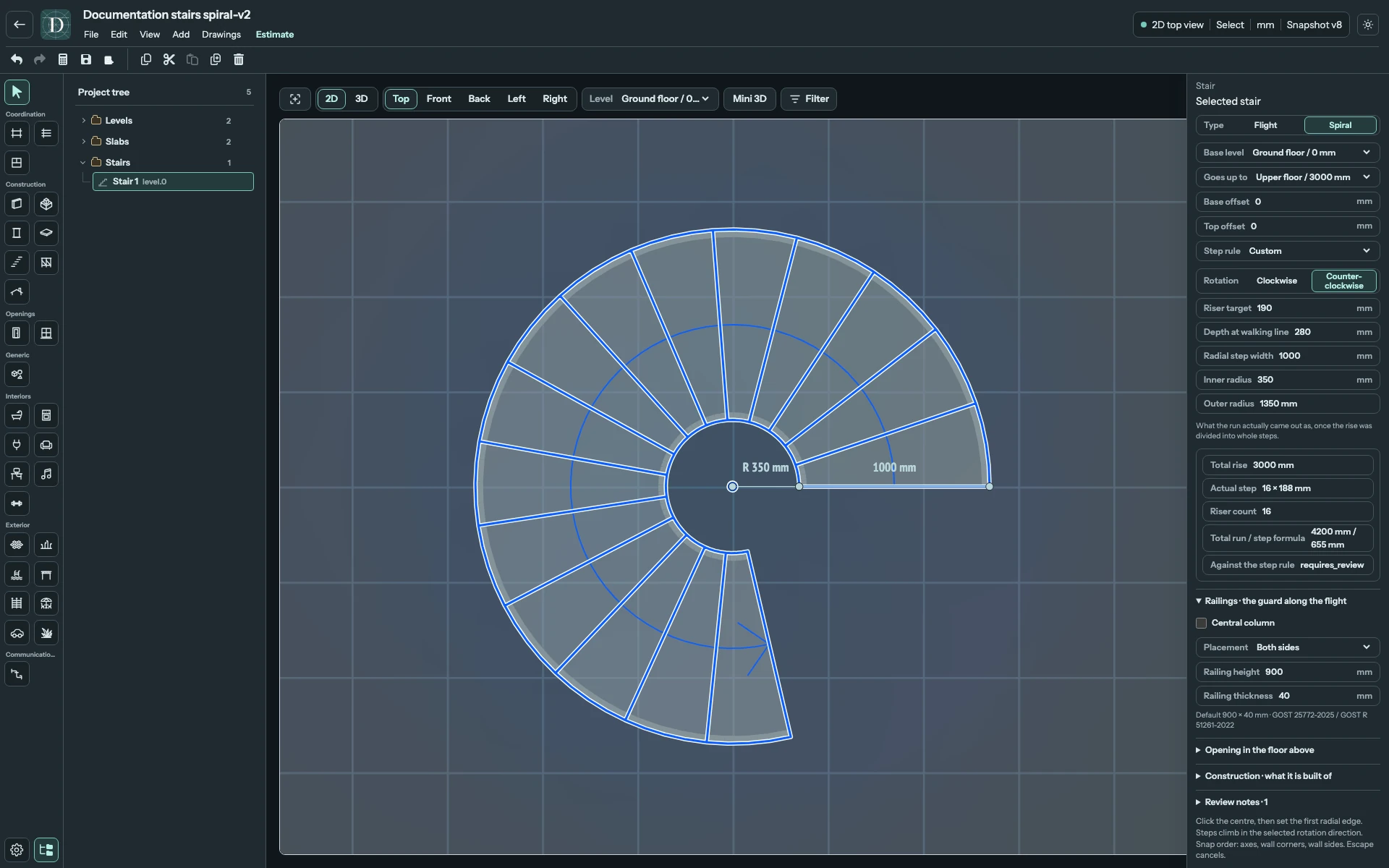 Complete Top editor showing a large counter-clockwise Spiral, its open center, radial dimensions and spiral settings.