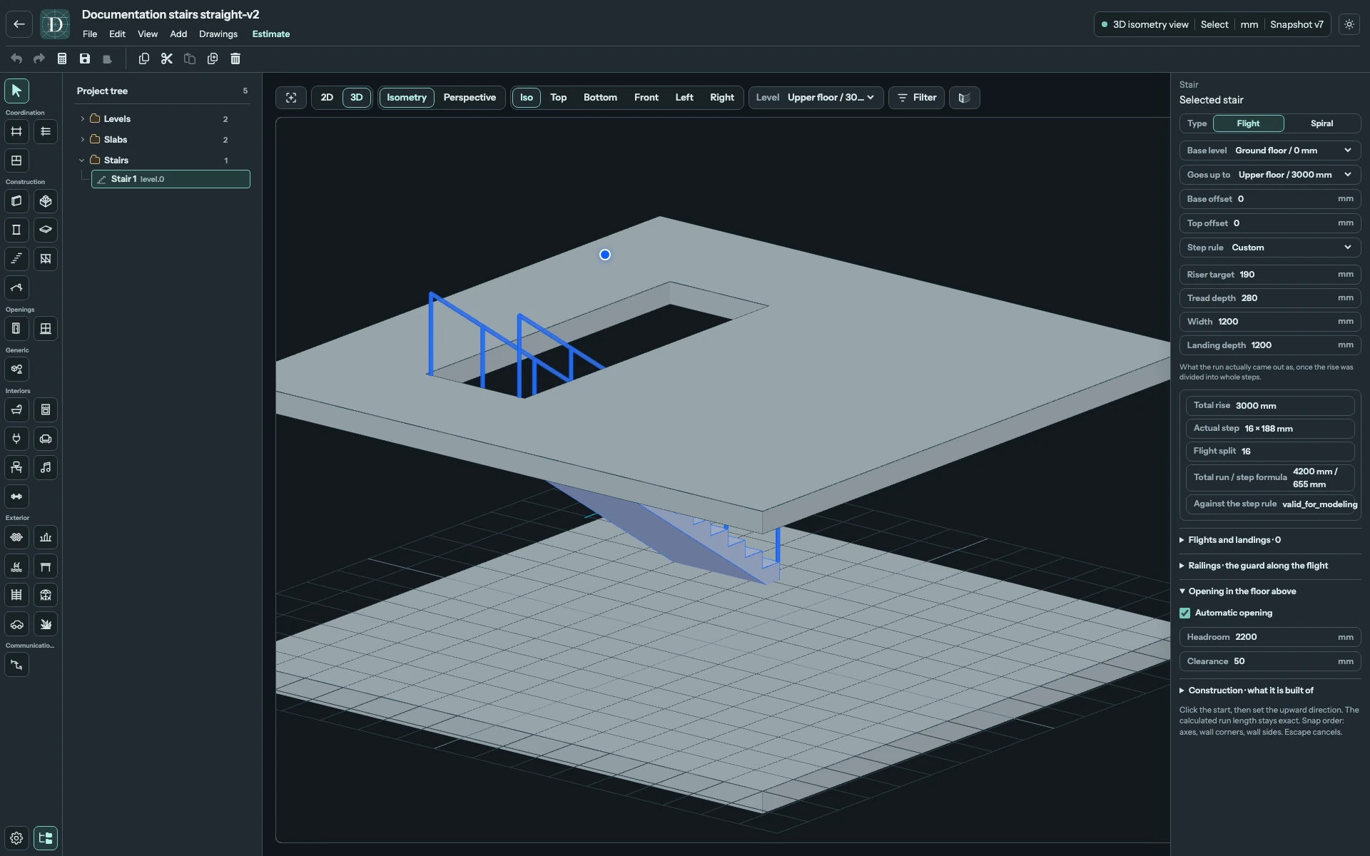 Complete 3D editor showing Upper floor selected, the straight Stair passing through its actual upper-Slab opening and the Automatic opening, Headroom and Clearance controls.