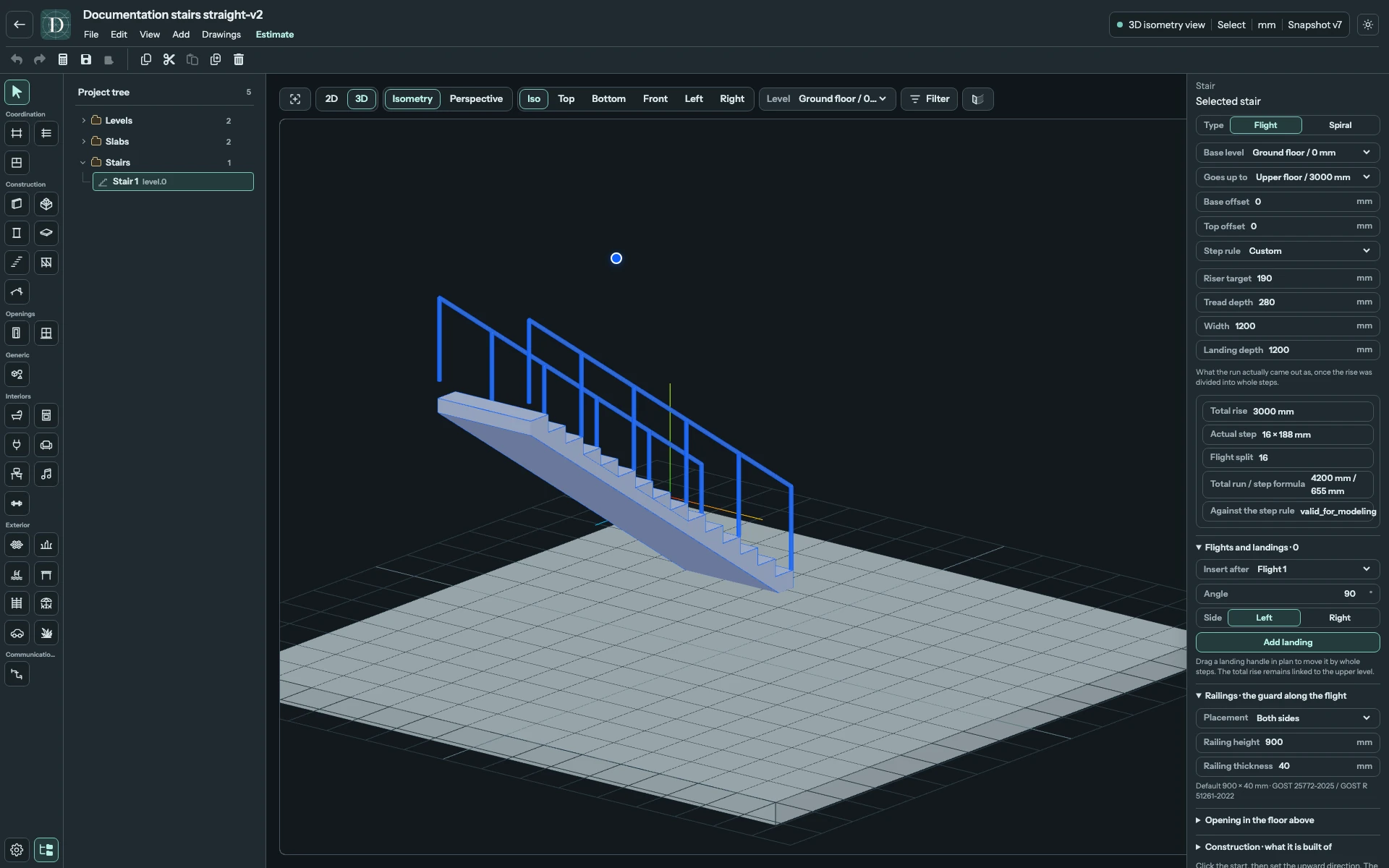 Complete 3D editor showing the same straight Stair on the lower floor with both railings visible.