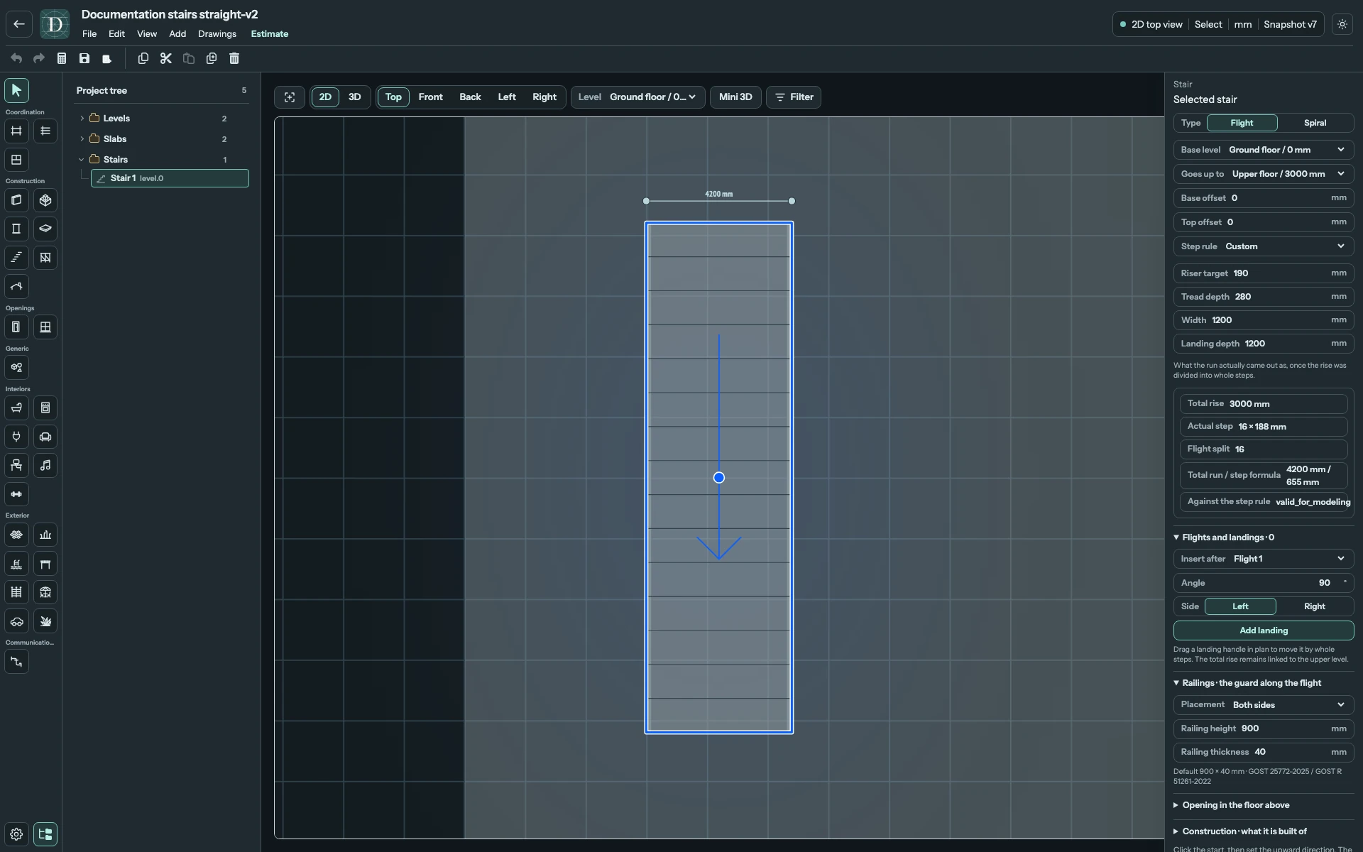 Complete Top editor showing a large straight Flight, its upward arrow and the rise, width and step settings.