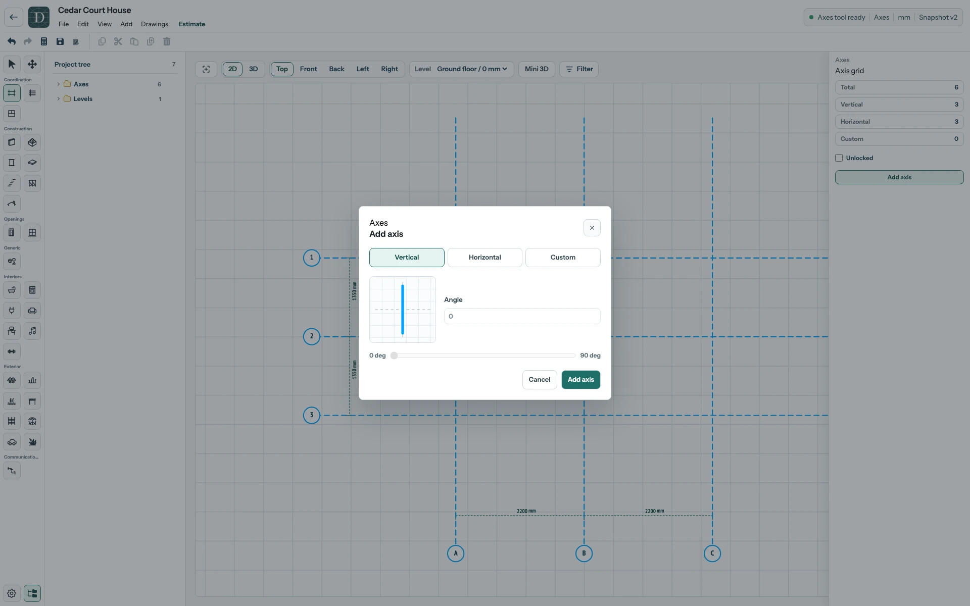 Choose the Axis direction before adding it. The complete editor with the Add axis dialog open over the starter grid and Vertical selected.