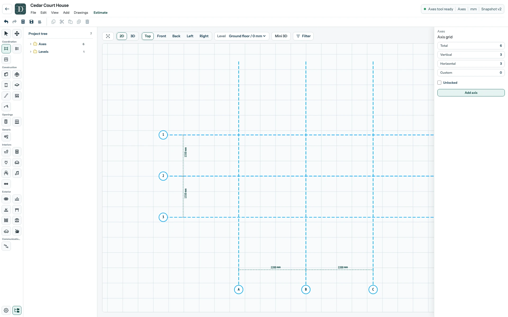 The starter grid is already present in a new project. The complete Cedar Court House editor in Top 2D: the starter A–C and 1–3 Axis grid is visible, and the Axis grid panel counts three vertical and three horizontal Axes.