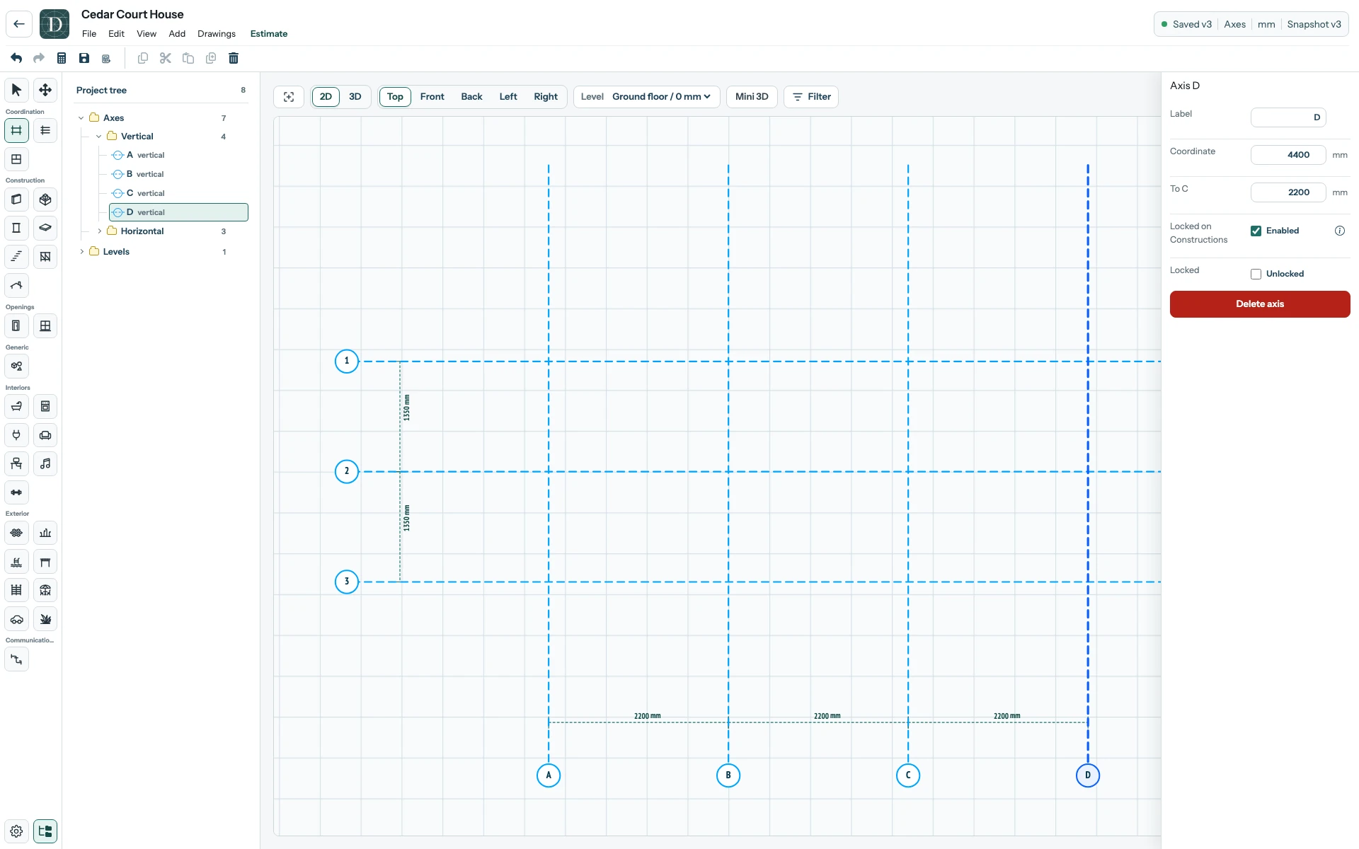 The saved D Axis extends the vertical grid by 2200 mm. The complete Cedar Court House editor after saving: Axis D is selected to the right of C, its inspector shows Coordinate 4400 mm and To C 2200 mm, and the status reads Saved v3.
