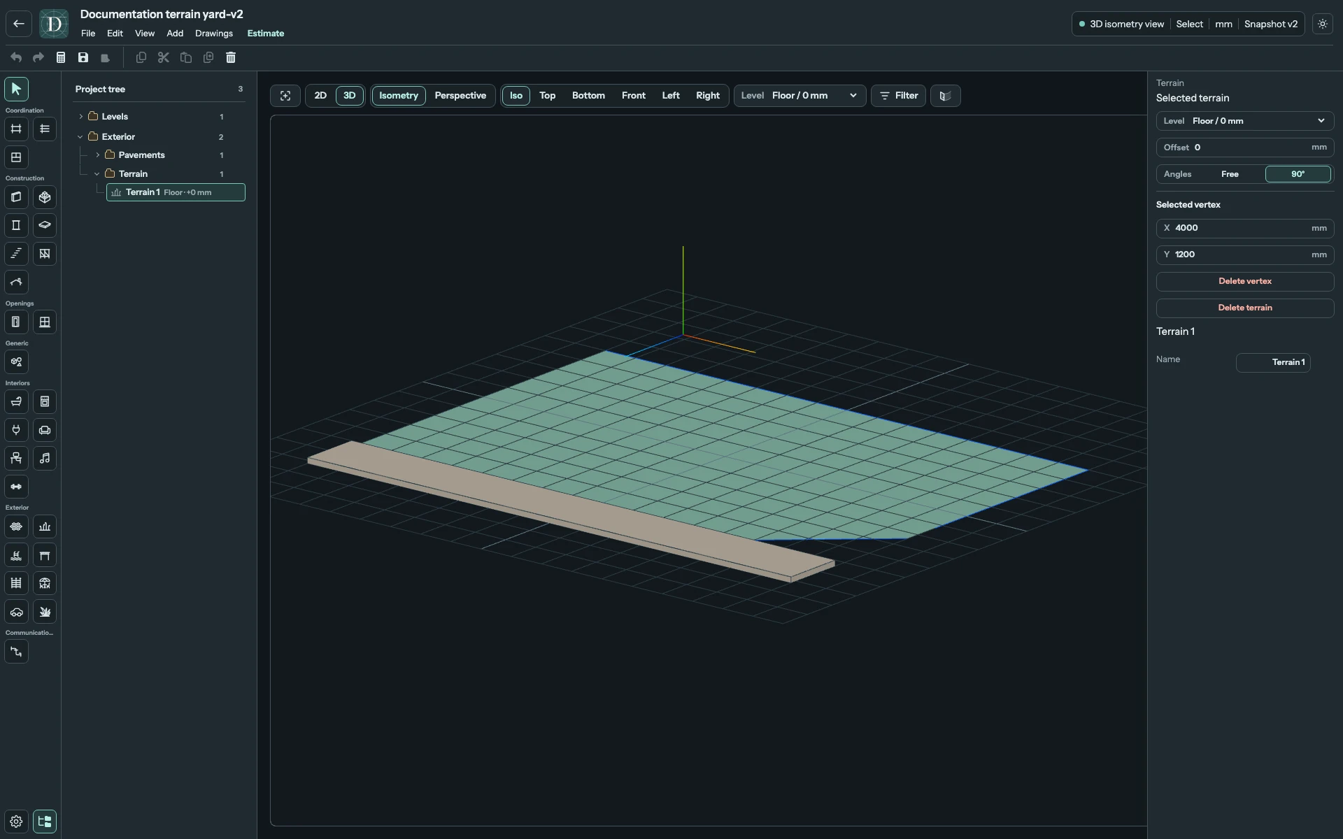 Complete 3D editor focused on a five-corner Terrain surface beside a separate strip of Pavement.