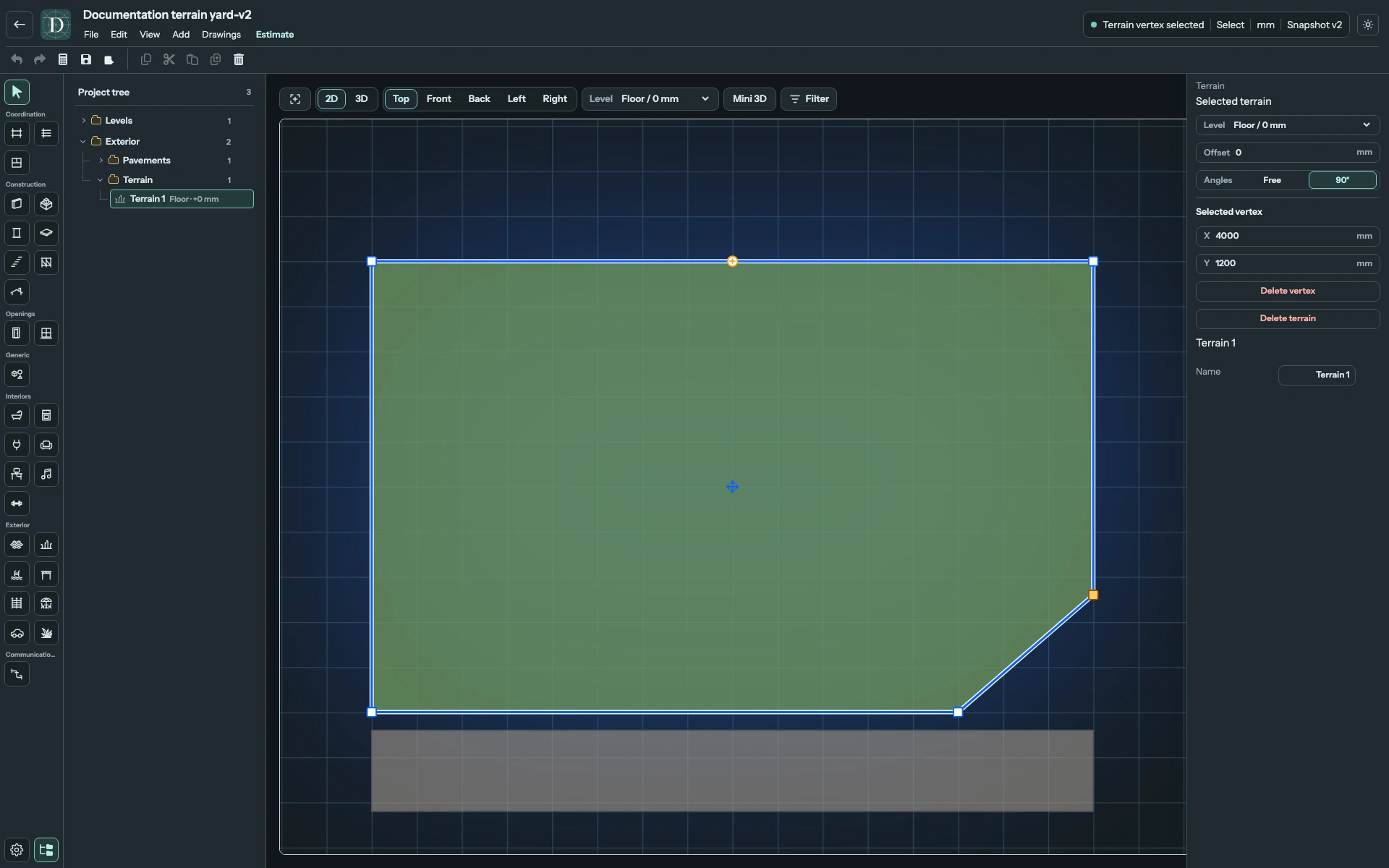 Complete Top editor with the Terrain edge's plus handle visible beside the selected vertex settings.