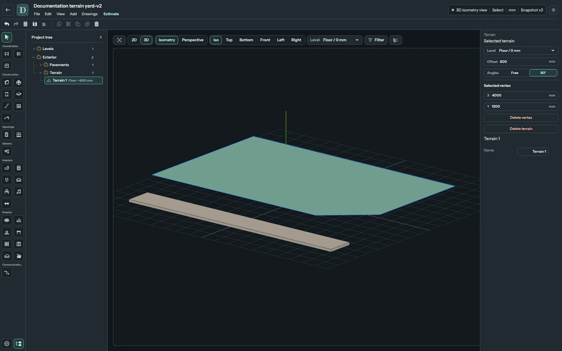 Complete 3D editor showing Terrain raised by 600 mm while the adjacent Pavement retains its original elevation.