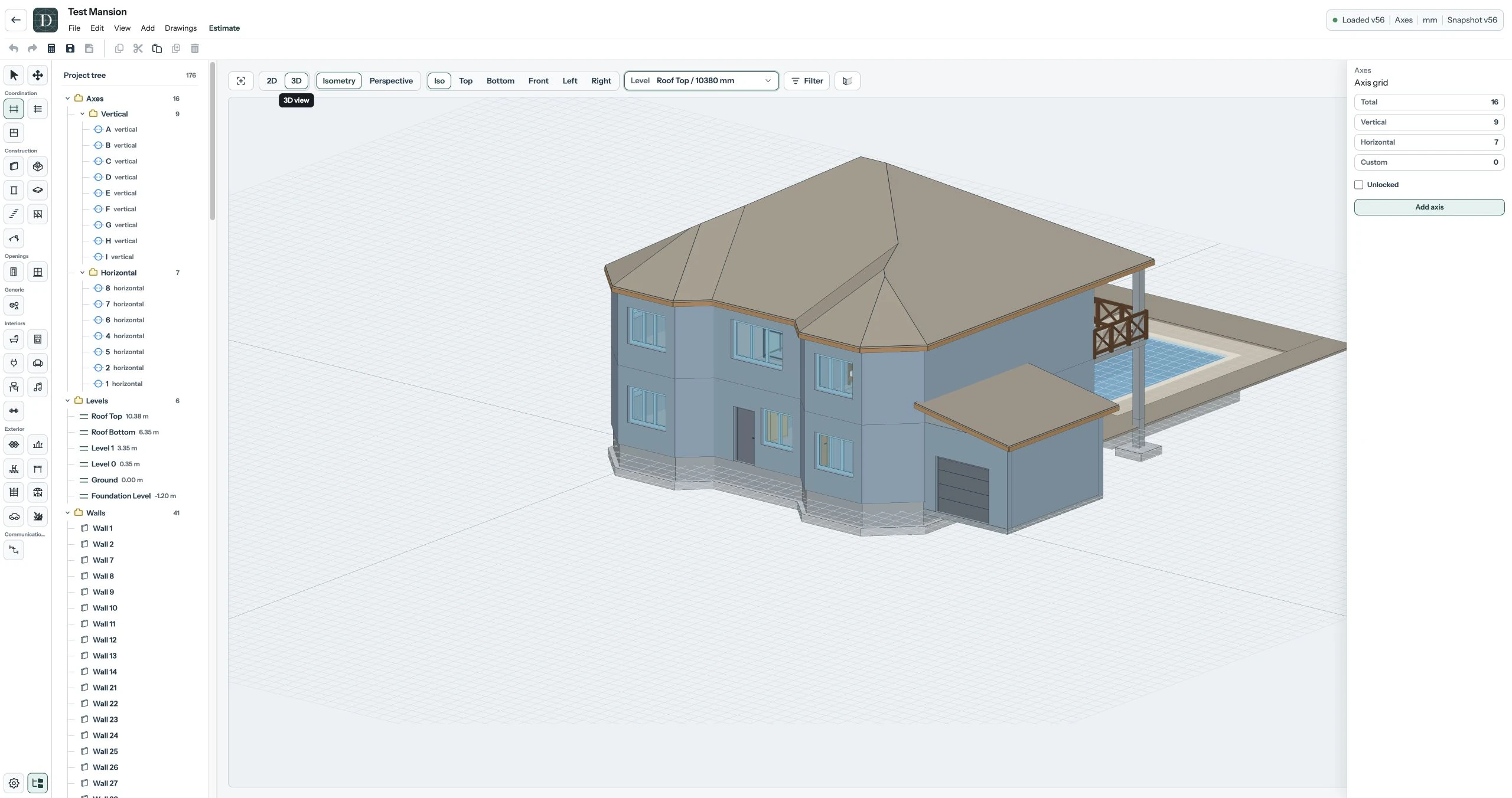 The complete Test Mansion editor in 3D isometry with a multi-part roof, two storeys, a garage, hosted windows and doors, and the foundation visible at the base.