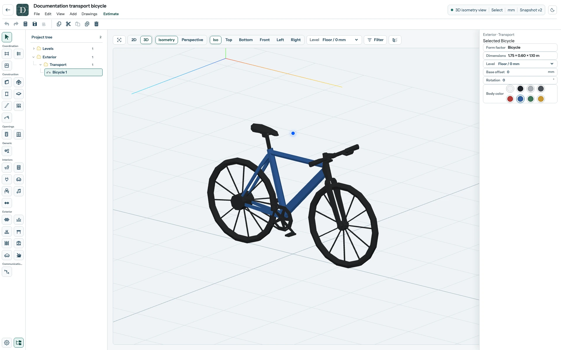 Bicycle also has the same Level, Base offset, Rotation and Body color controls; its envelope is fixed. Complete 3D editor focused on a Bicycle with its wheels, frame and transport settings visible.