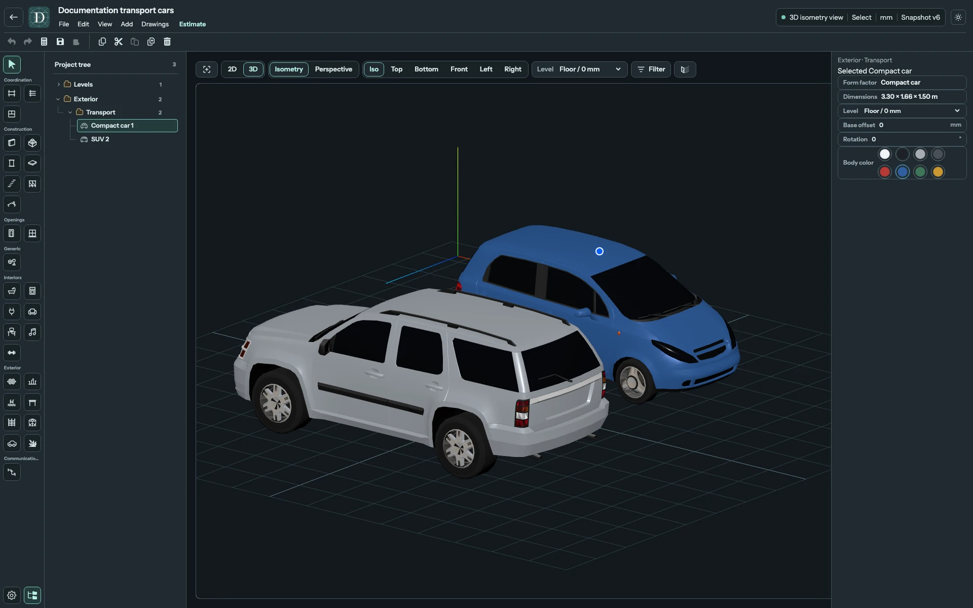 The two catalog bodies have different fixed envelopes. Dimensions and placement controls refer to the selected Compact car. Complete 3D editor focused on a Compact car and SUV, with the Compact car selected.