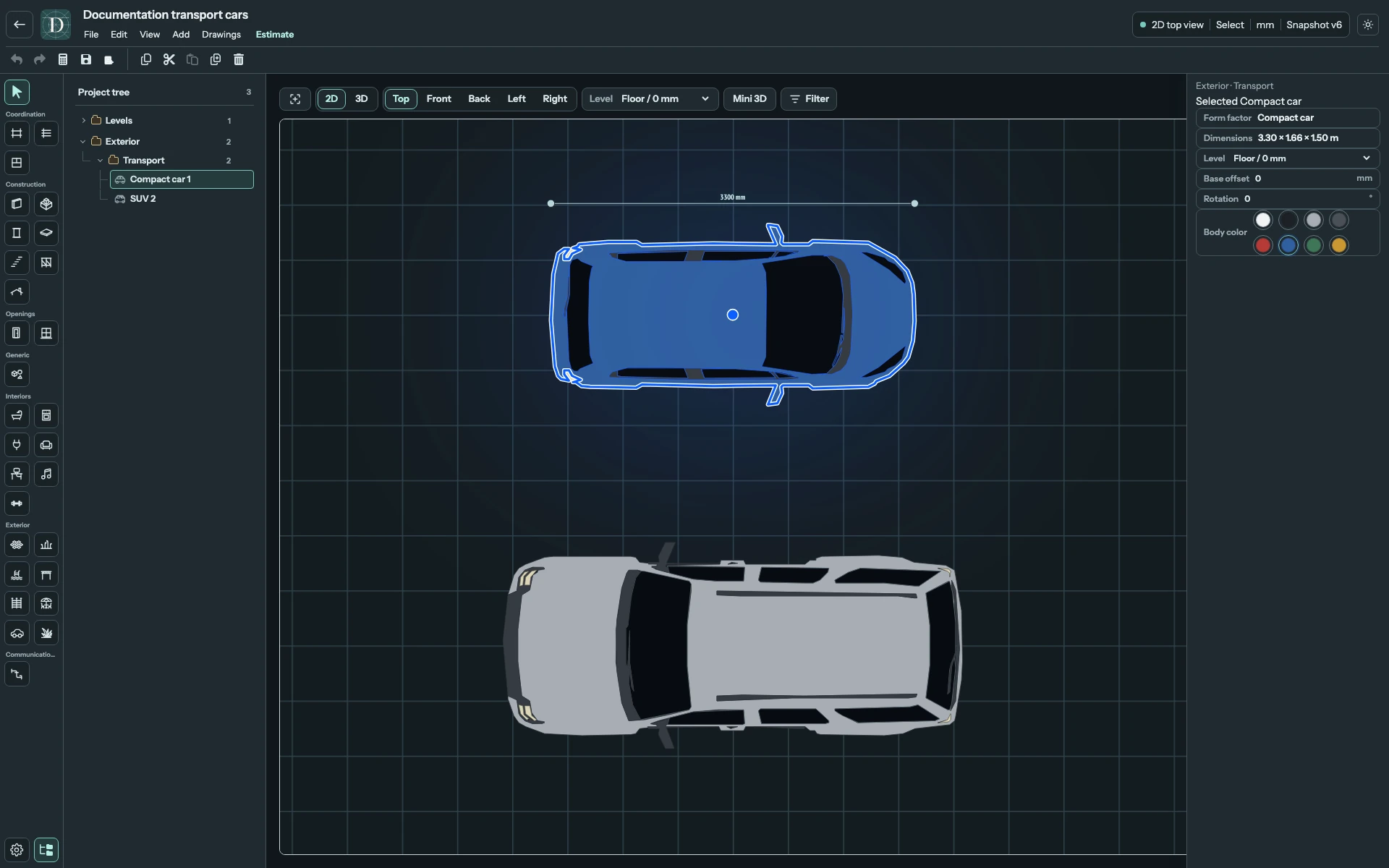 Top makes the two occupied footprints and orientations easy to compare. Complete Top editor showing a Compact car beside an SUV and the selected car's transport settings.