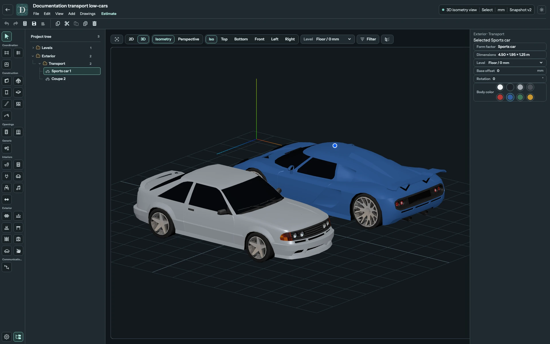 Sports car and Coupe have lower catalog heights than the taller vehicle examples. Complete 3D editor focused on the low Sports car and Coupe form factors.