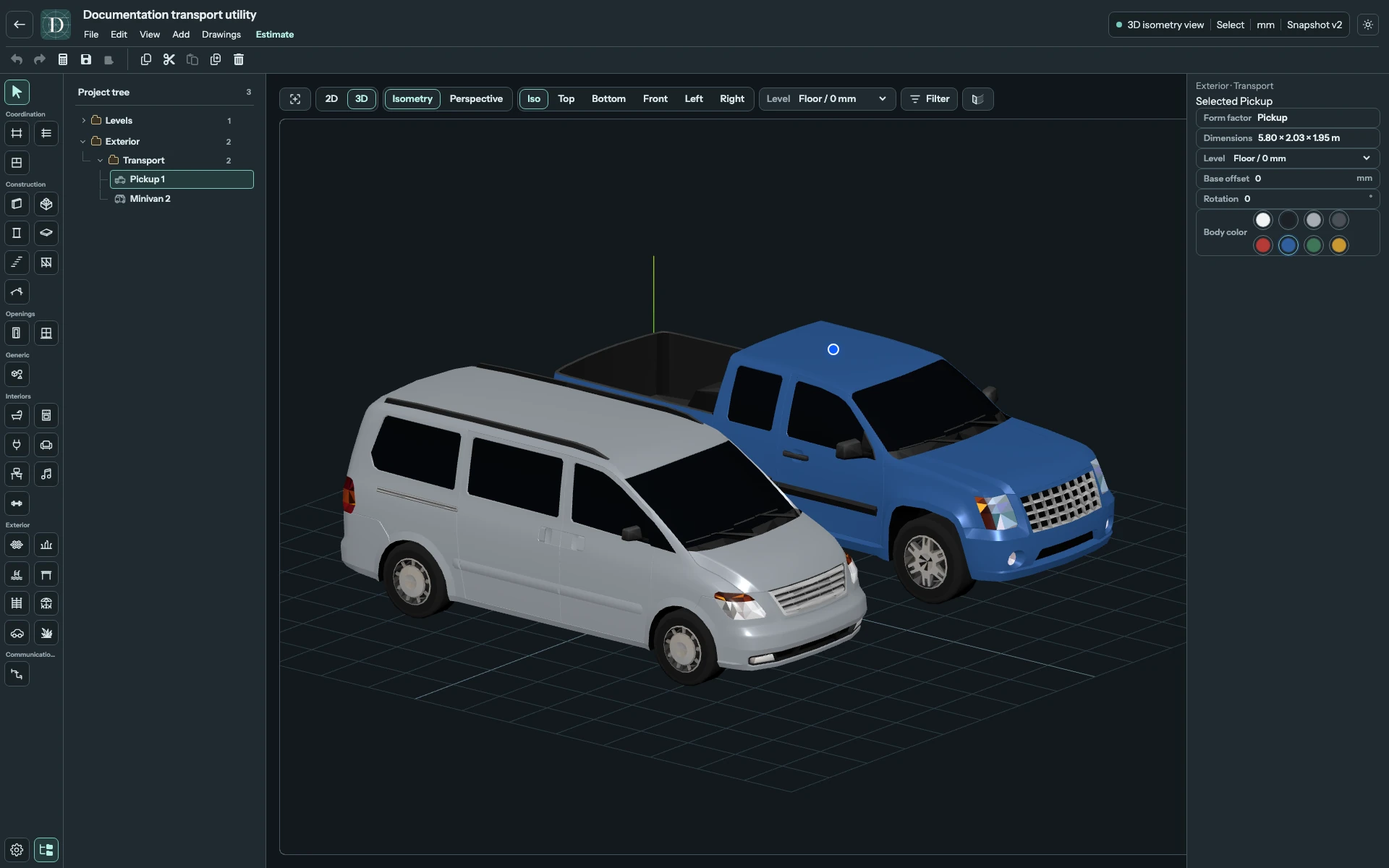 Pickup and Minivan illustrate larger bodies. The bed and body parts remain within their complete parent objects. Complete 3D editor focused on a Pickup with an open bed and a Minivan beside it.