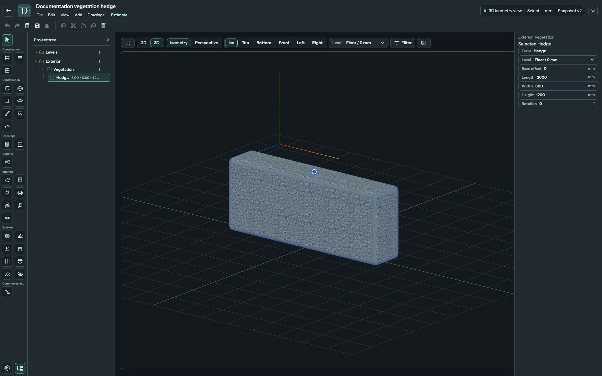 Complete 3D editor focused on a rectangular Hedge with Length, Width and Height controls.