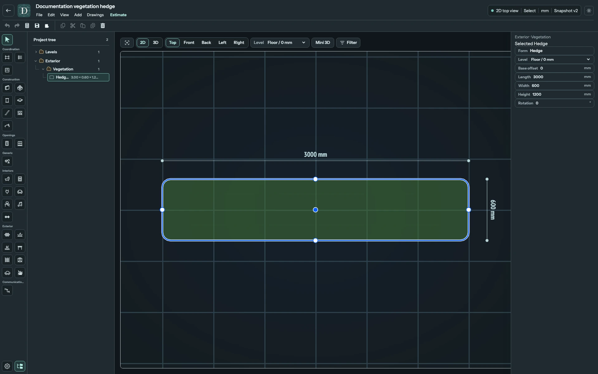 Complete Top editor showing a selected Hedge with its center movement handle and four dimension handles.
