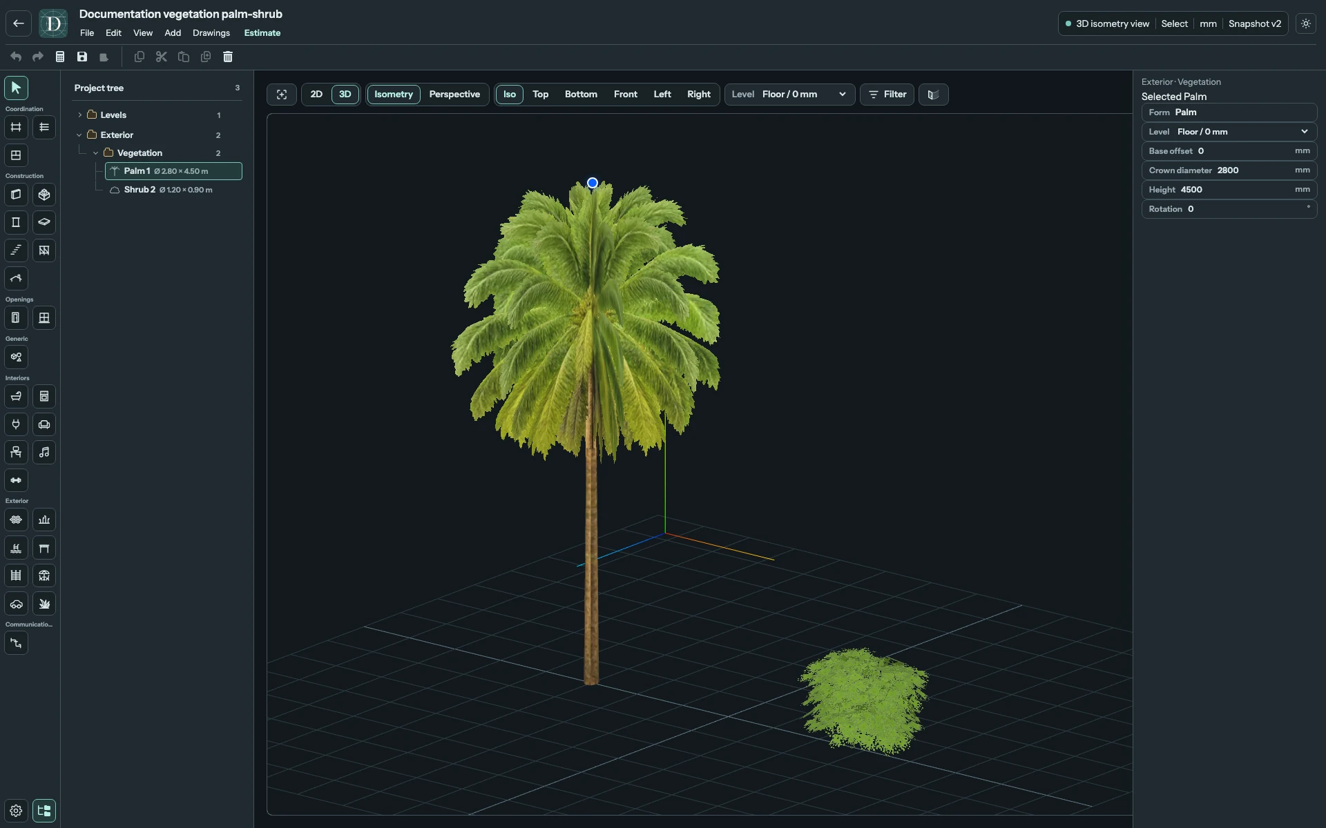 Complete 3D editor focused on a Palm with a Shrub beside it.