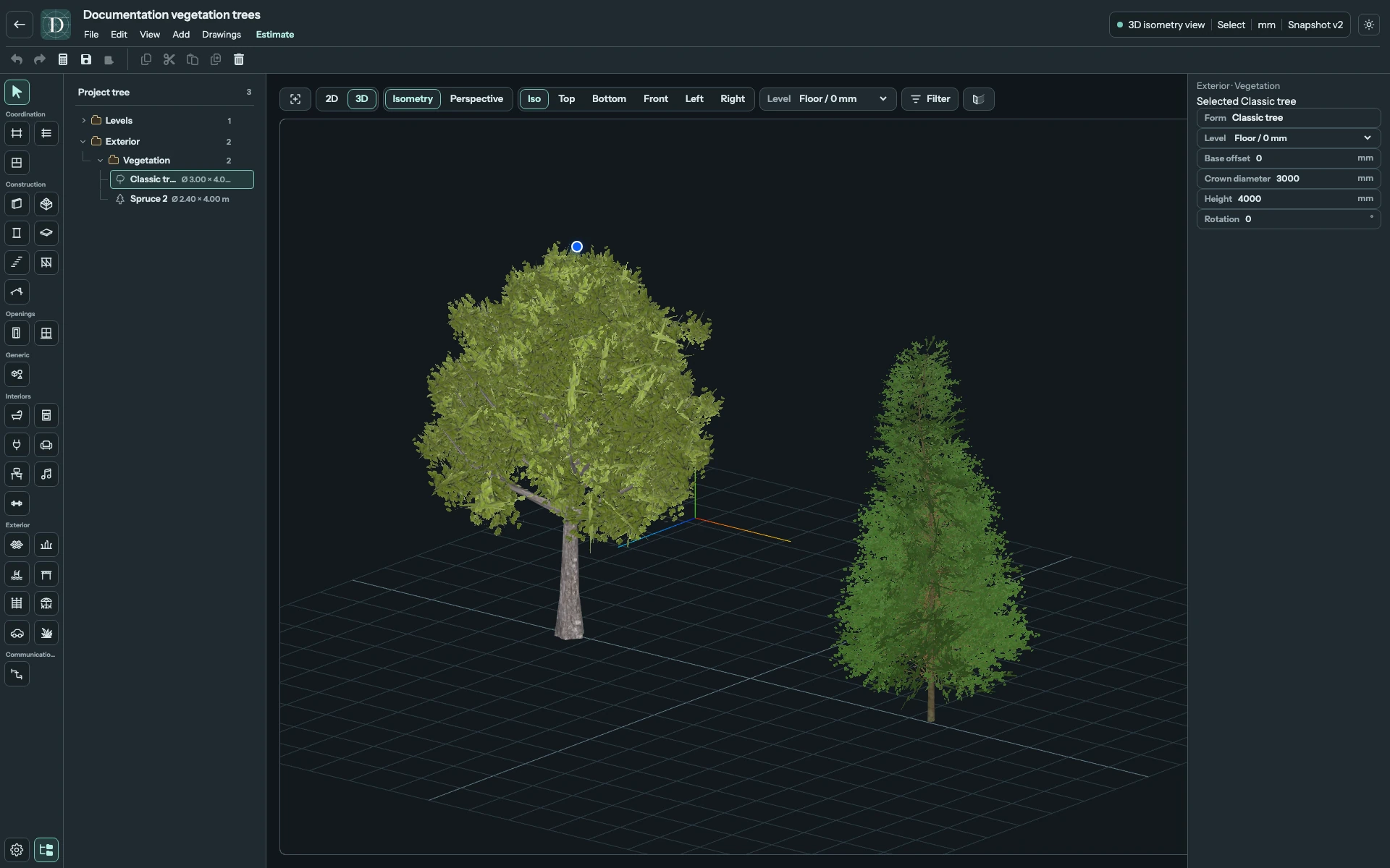 Complete 3D editor focused on a Classic tree and Spruce, with the Classic tree selected.