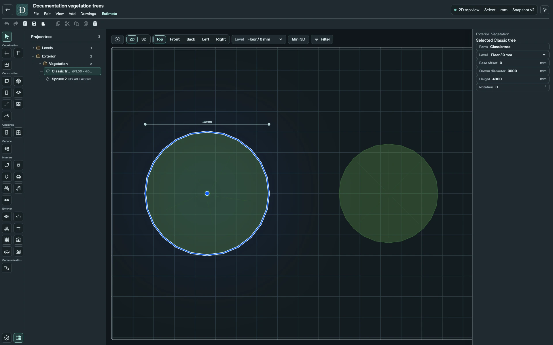 Complete Top editor showing the crown footprints of a Classic tree and Spruce.