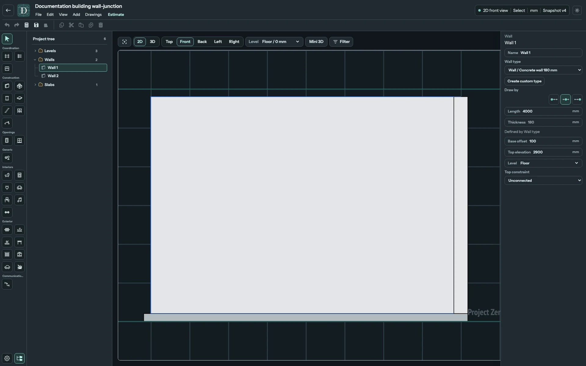 Full Front editor showing the selected Wall on a Floor, with Base offset 100 mm and Top elevation 2900 mm.