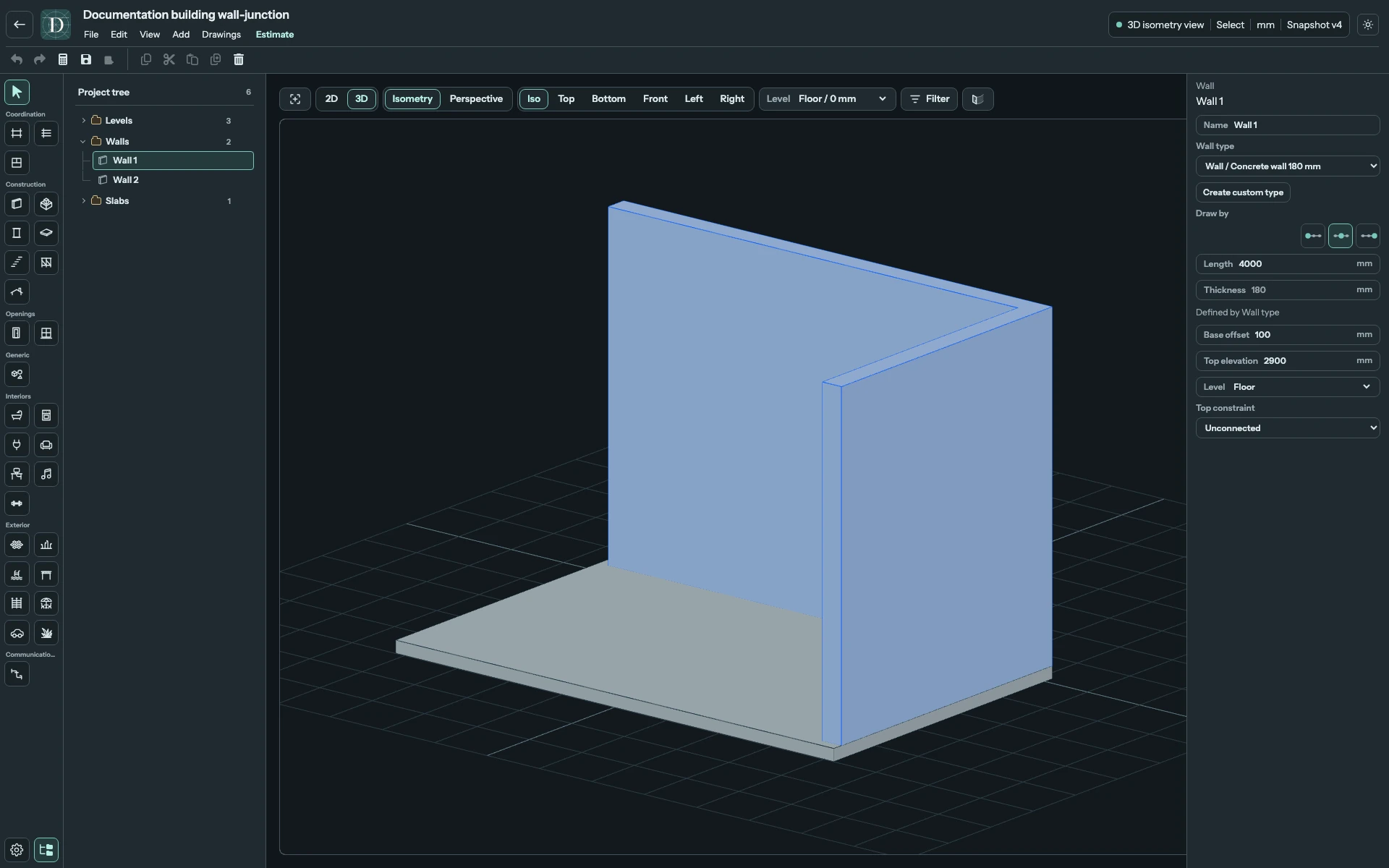 Full 3D editor focused on the same two Walls and their shared corner on the Floor.