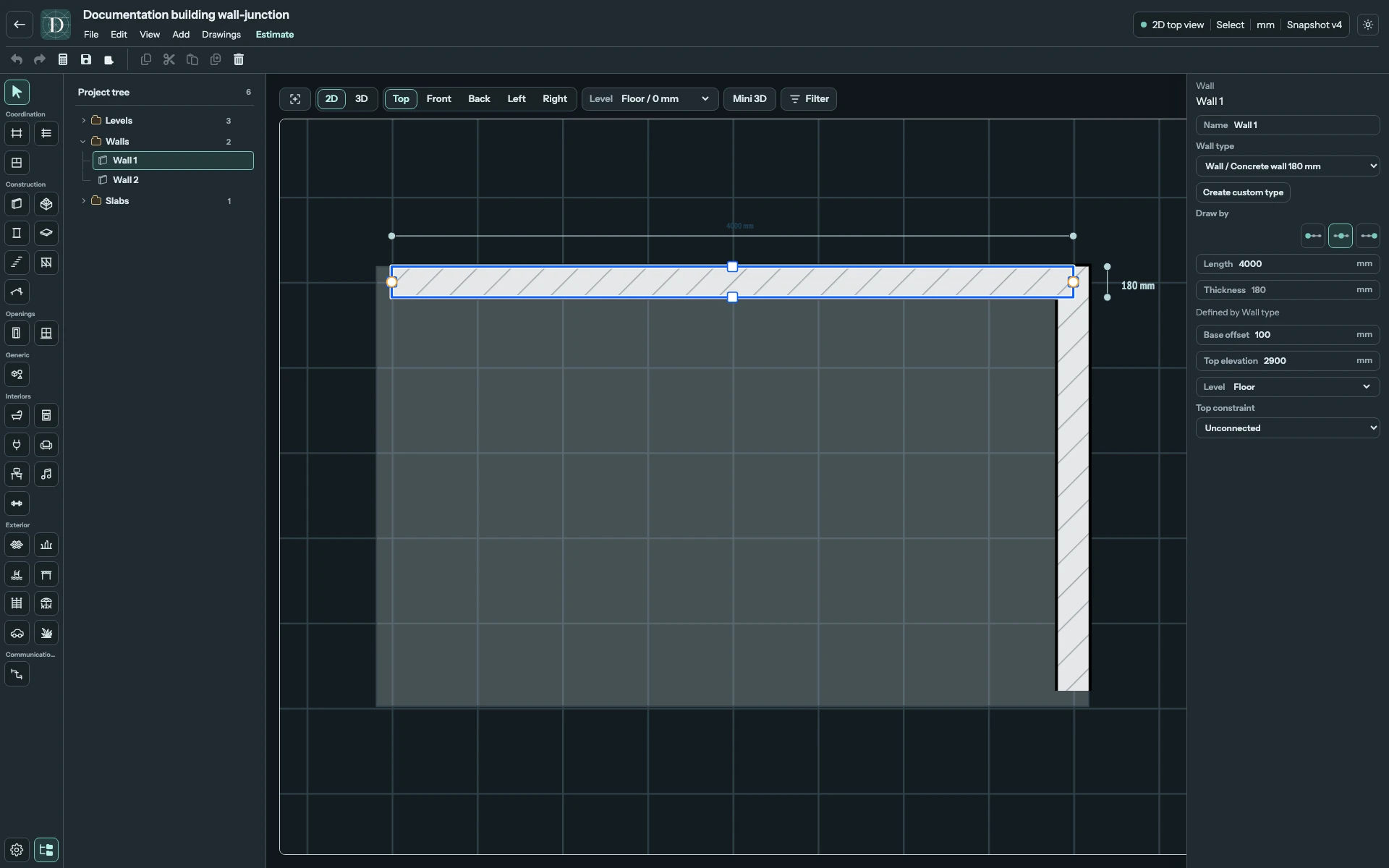 Full Top editor focused on two 180 mm Walls meeting at a corner, with the 4000 mm Wall selected.