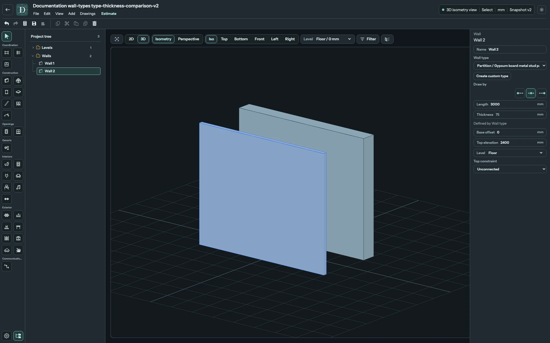 The same comparison in 3D. These are construction envelopes, with no individually modeled blocks or studs. Full 3D editor focused on those two Walls, with the thin Partition selected in front of the thicker AAC Wall.