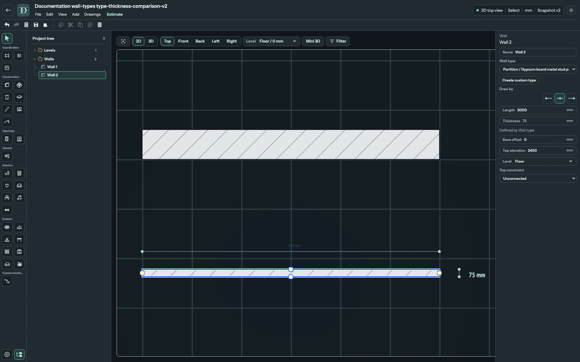 Both baselines are 3000 mm long. The upper Wall is 300 mm thick; the selected lower Partition is 75 mm thick. Type changes the section without changing the baseline length. Full Top editor comparing a 300 mm AAC Wall with a selected 75 mm gypsum board Partition.
