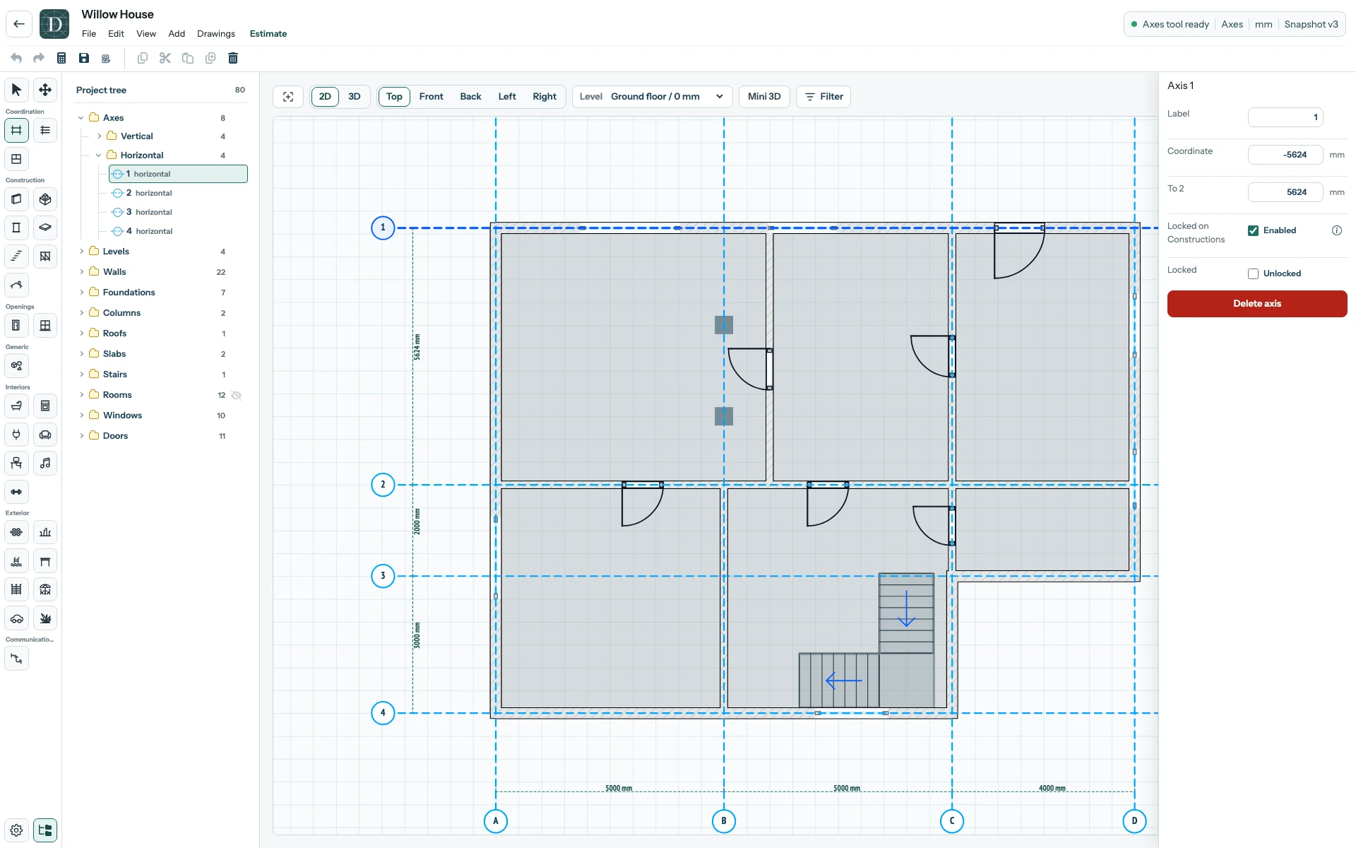 The resulting model must be checked object by object after a reference move. The complete Willow House editor after Axis 1 has moved, showing the selected line and the Wall and openings at their resulting positions.