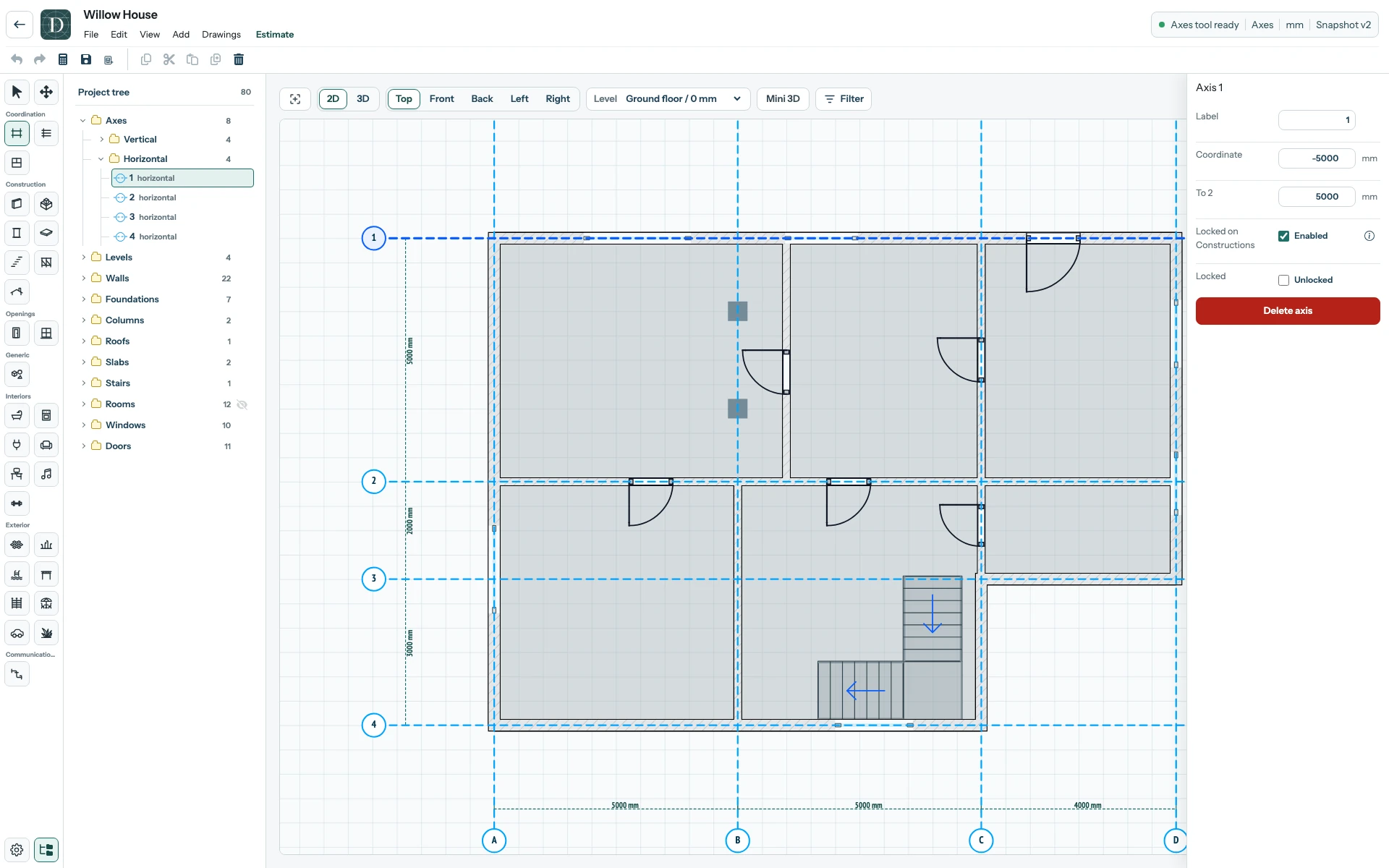 Check the coordinate and construction lock before moving an Axis. The complete Willow House editor in Top 2D with Axis 1 selected through the exterior Wall and its Axis controls on the right.