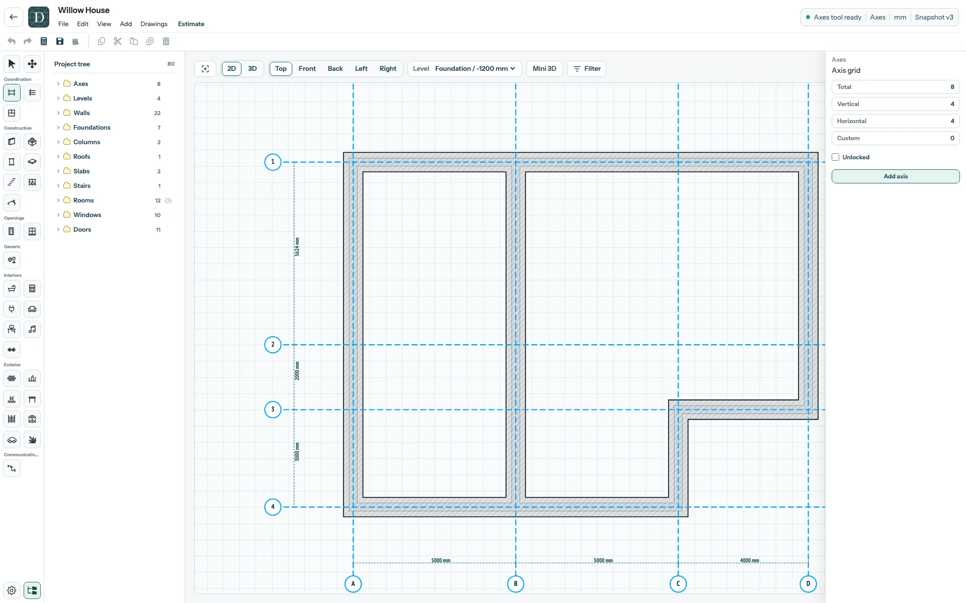 After: the Foundation baseline follows Axis 1 across Levels. The complete Willow House editor at Foundation Level after moving Axis 1: the corresponding perimeter Foundation baseline follows the shifted Axis.