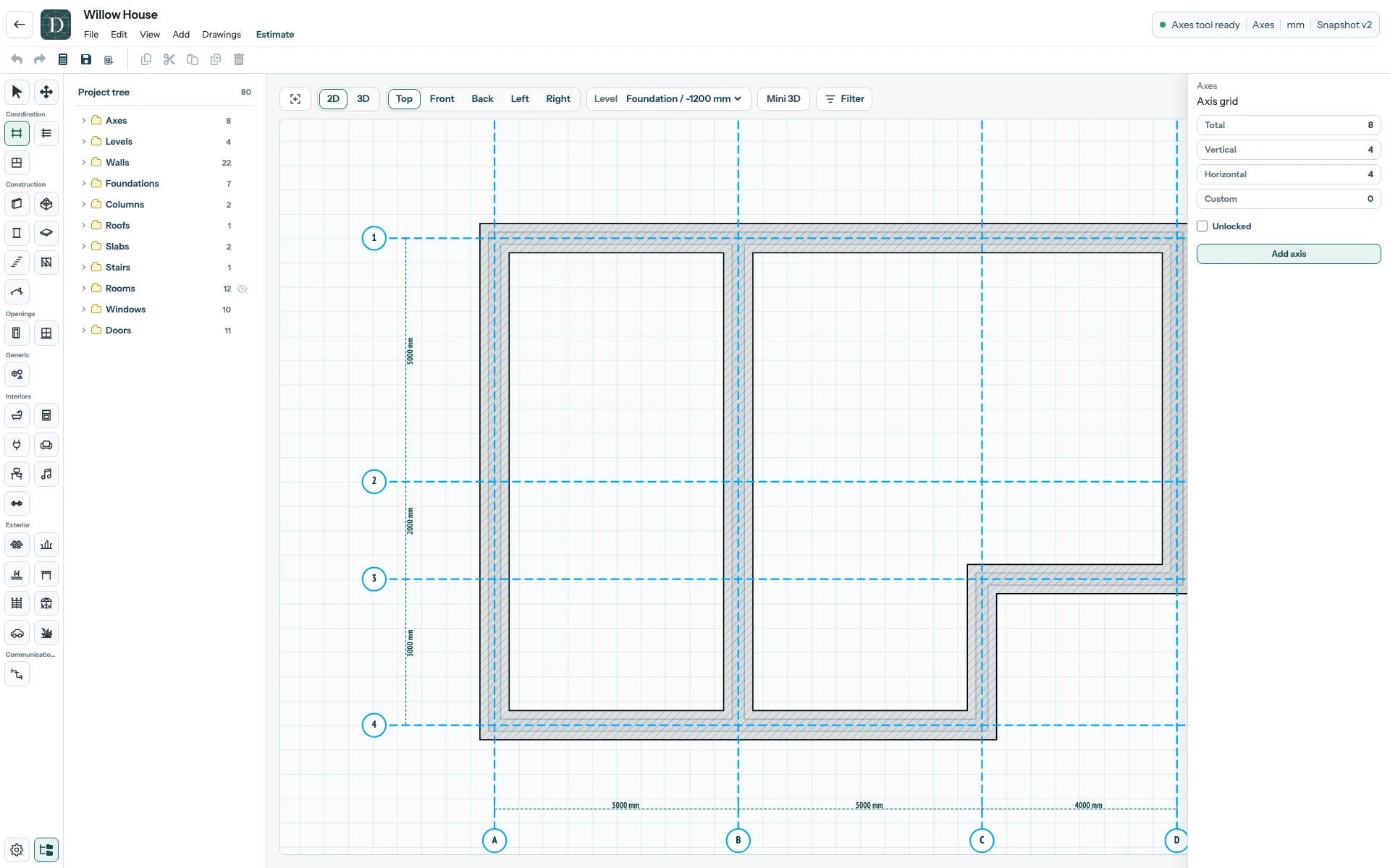 Before: the lower-Level foundation baseline under Axis 1. The complete Willow House editor at Foundation Level before moving Axis 1, with the perimeter and central strip foundations aligned to the Axis grid.