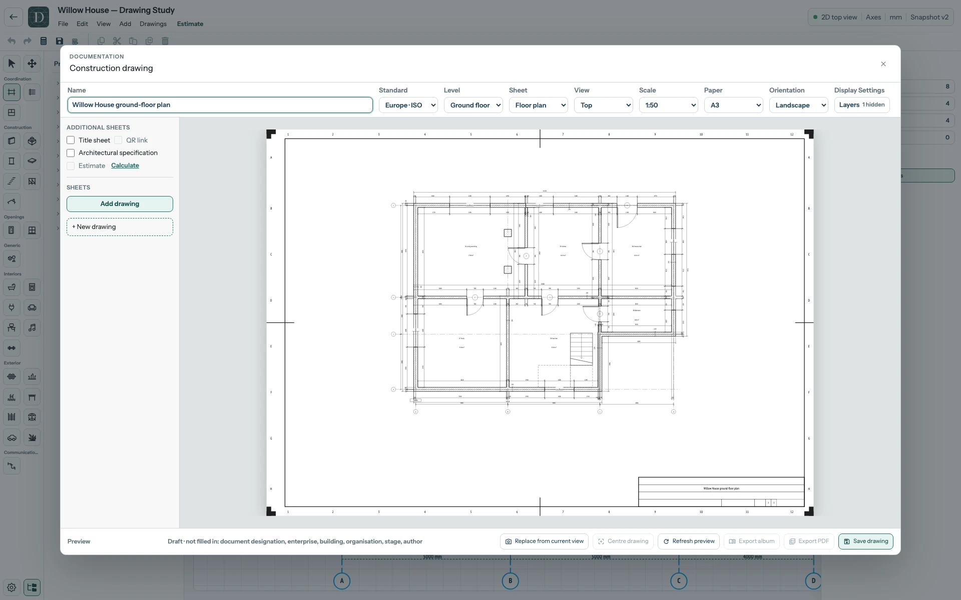 Review the model content and sheet layout before saving. The complete Willow House editor with the Construction drawing preview open, showing a multi-room ground-floor plan on an A2 landscape sheet at 1:50.