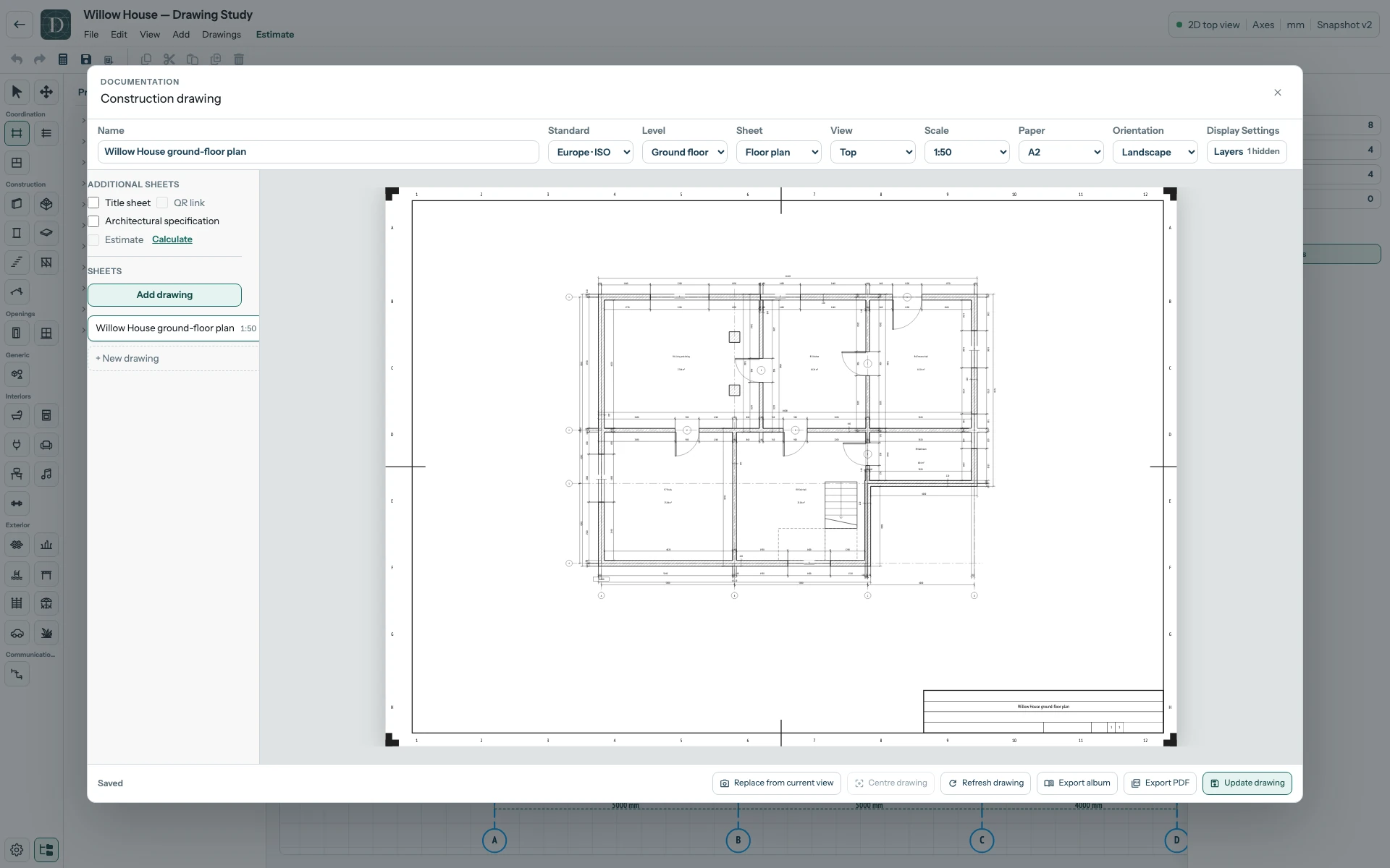 The saved sheet can be reopened from Sheets. The complete Willow House editor with the saved ground-floor drawing selected under Sheets and its A2 plan visible.