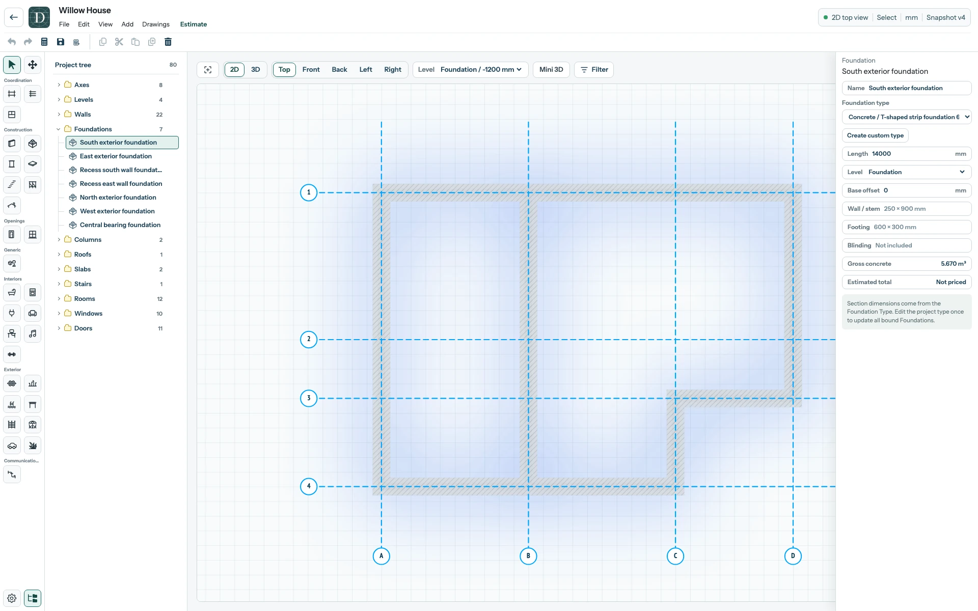 The complete Willow House editor in Top 2D at Foundation Level, with a strip Foundation selected in the Project tree and its settings visible on the right.