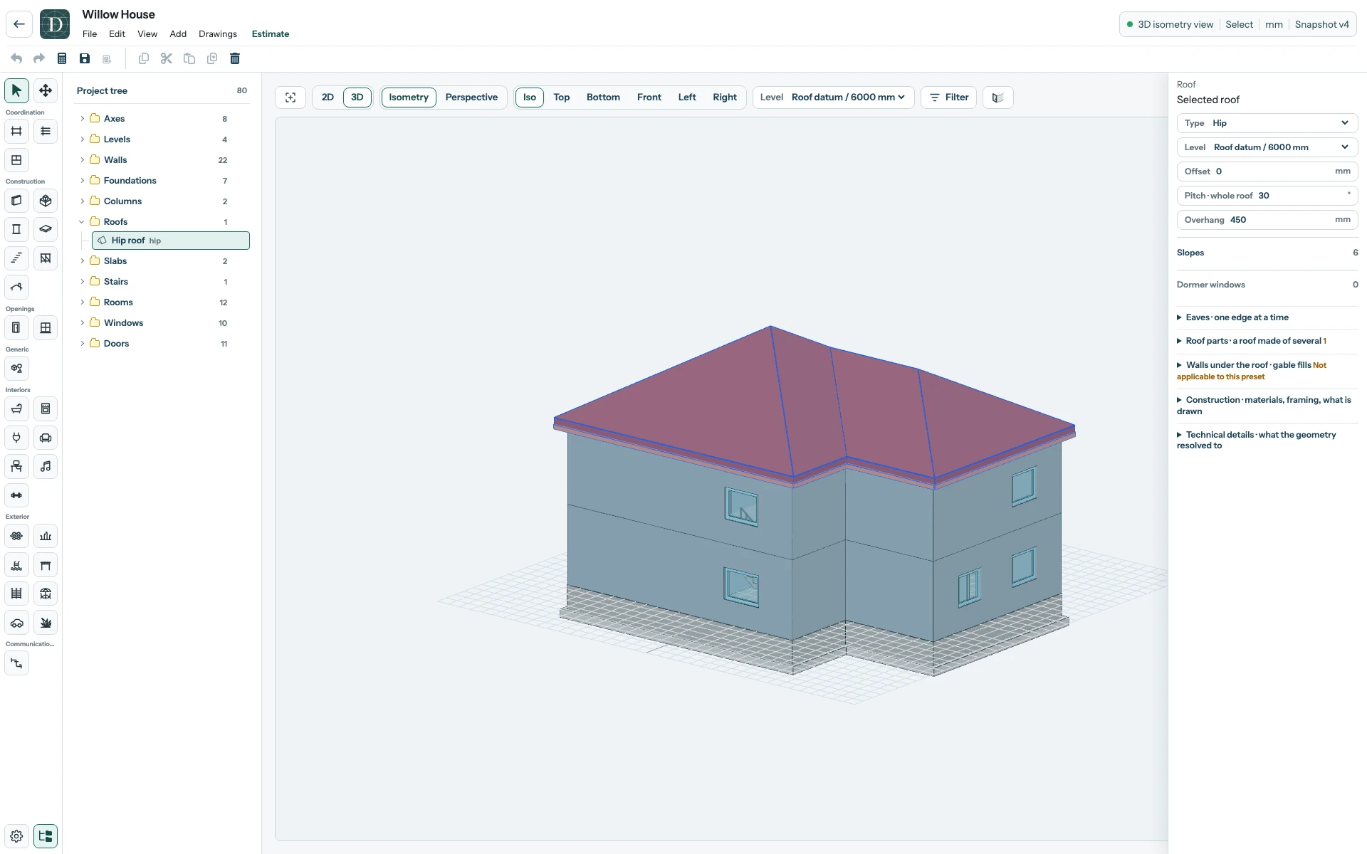 The complete Willow House editor in 3D with the Hip Roof selected in the Project tree and its Type, Level, Pitch and Overhang shown at right.