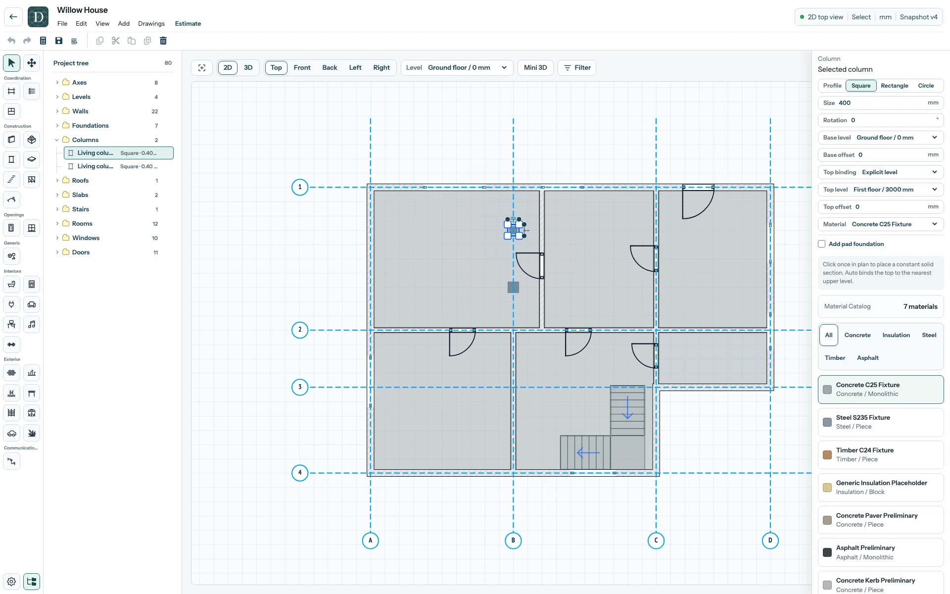 The example Column center coincides with Axis B. The complete Willow House editor in Top 2D with one of two square Columns selected on Axis B and its section, base Level, top Level and material controls in the right panel.