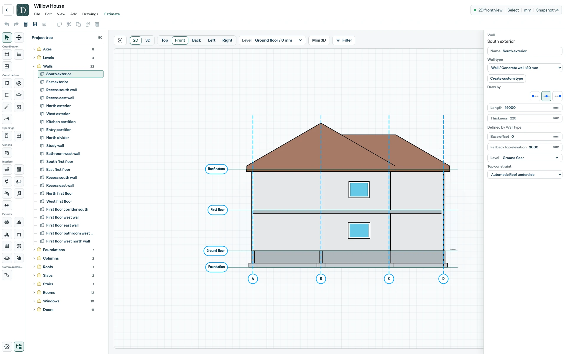 Front shows an elevation of the same model seen in Top. The complete Willow House editor in Front 2D with building elevation and Level references.