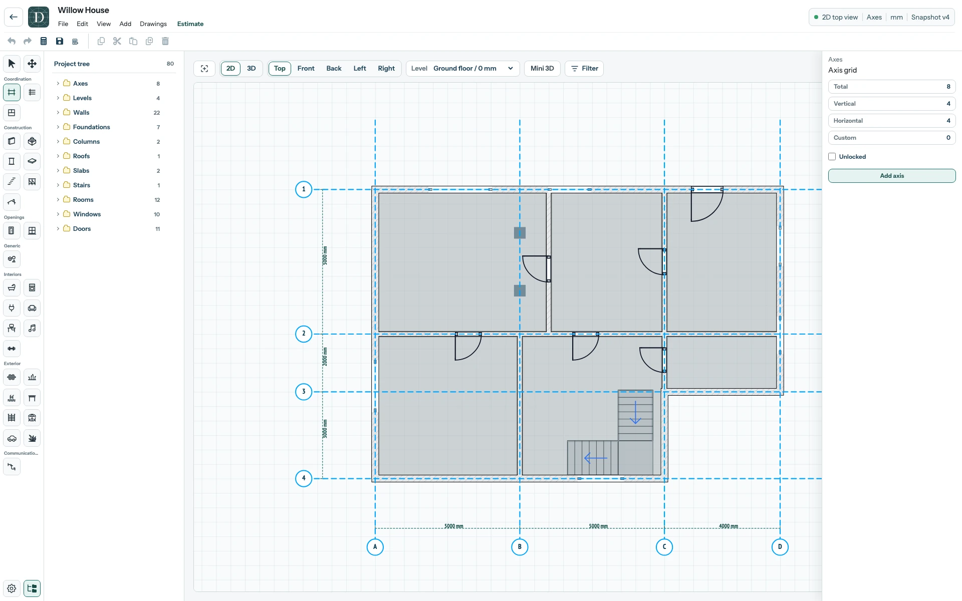 The complete Willow House editor in Top 2D, with Axes, Levels and Walls listed in the type-grouped Project tree, the ground-floor plan in the center, and Axis settings on the right.