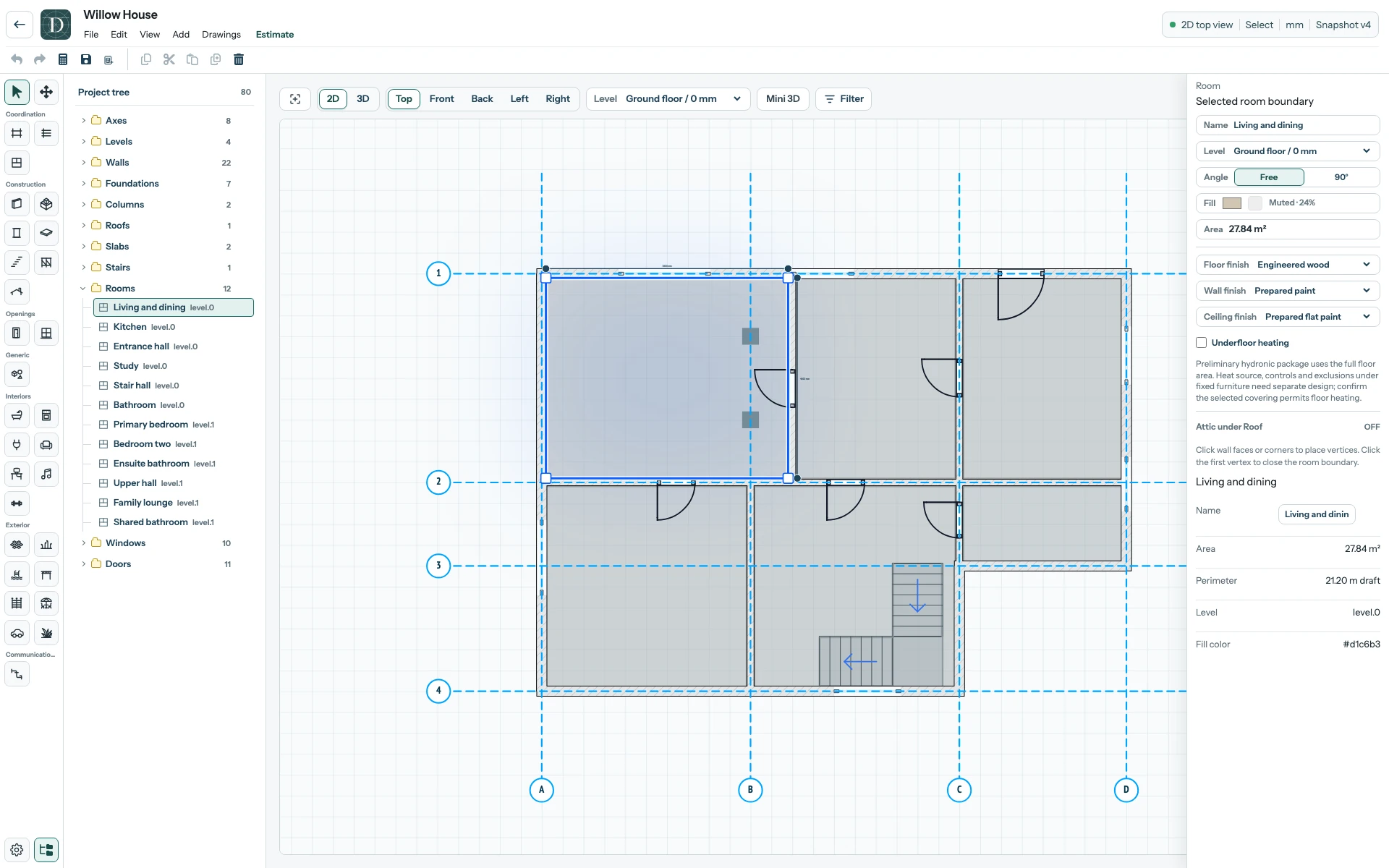 The full Willow House editor with a named Room selected in the Project tree and its settings visible on the right.