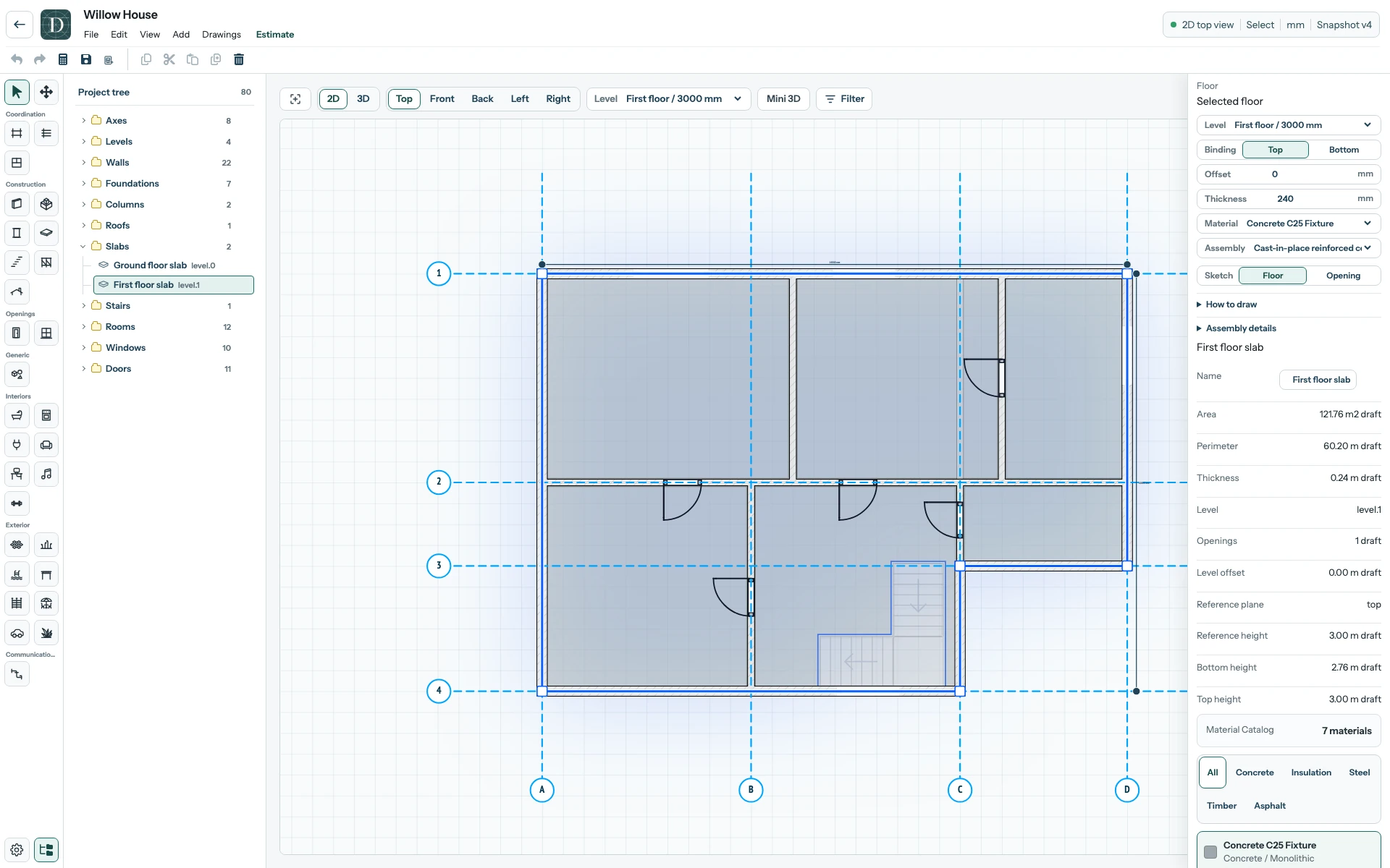 The complete Willow House editor at First floor in Top 2D with the upper slab selected, its one Opening listed at right, and an L-shaped opening following both Stair flights and their landing.