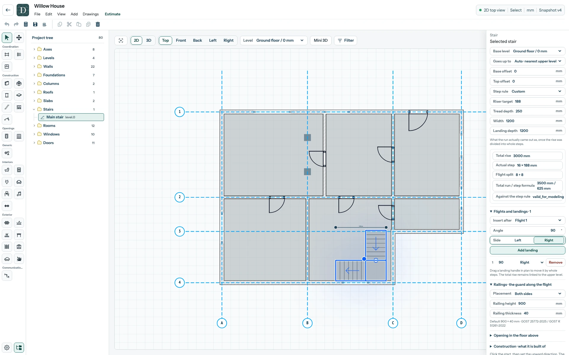 The complete Willow House editor in Top 2D with Main stair selected, a 90-degree landing against the stair hall's outer wall, uphill arrows on both flights, and the computed rise and step results in the right panel.