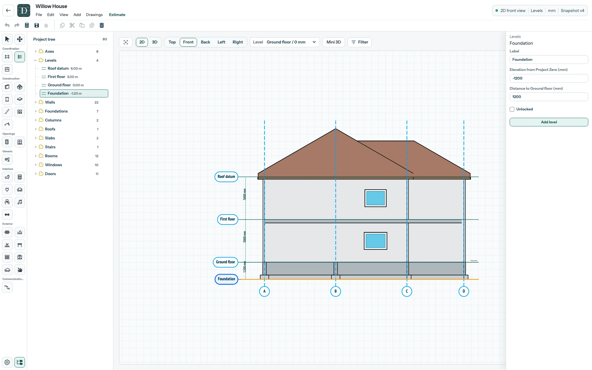 The full Willow House editor in Front 2D shows the Foundation, Ground floor, First floor and Roof datum Level lines and the selected Foundation elevation in the right panel.