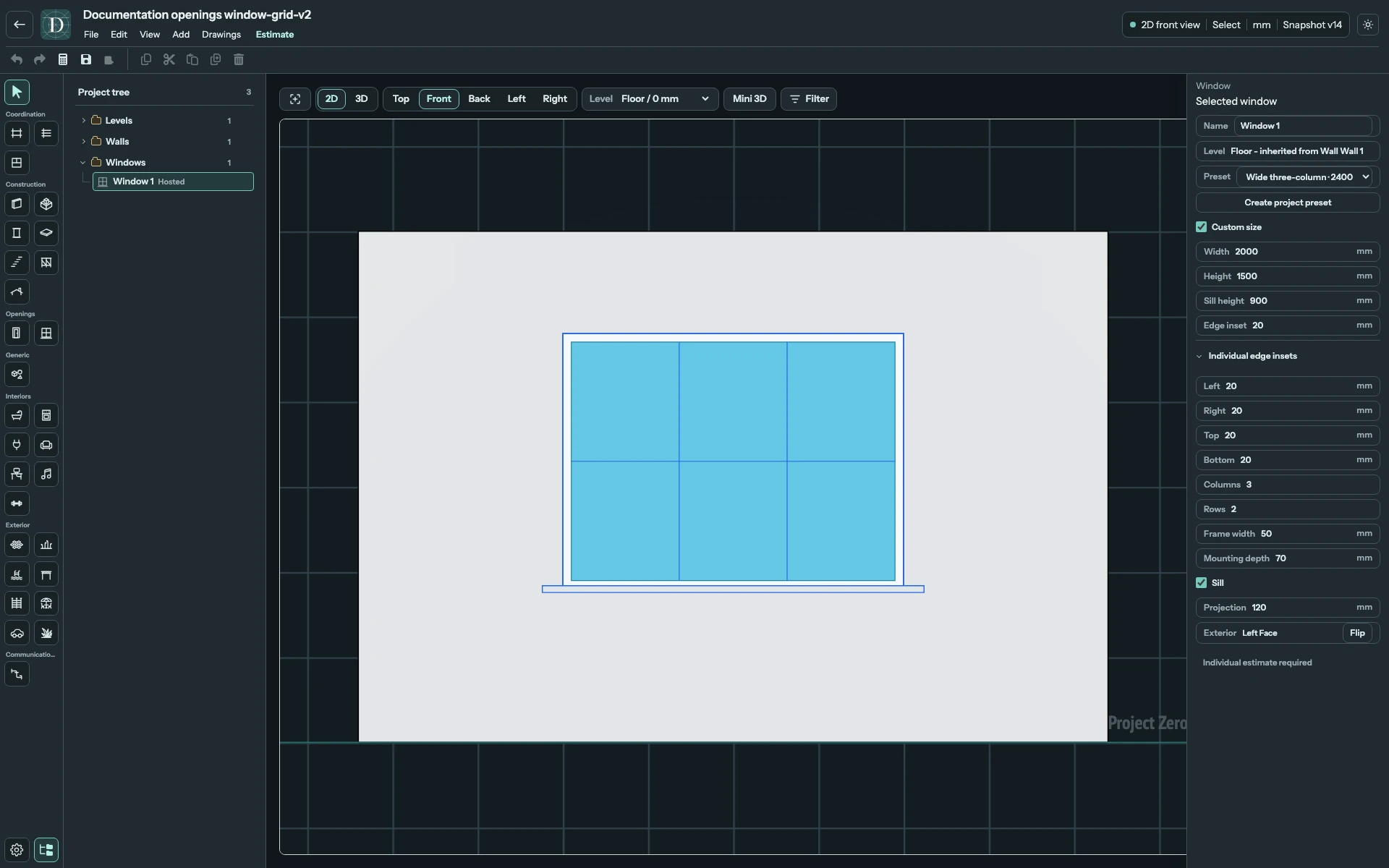 Front shows the glazing subdivision and opening height. Custom size allows 2000 mm width although the retained base preset is named 2400 mm. Full Front editor with a 2000 × 1500 mm Window, three columns, two rows and a sill at 900 mm.