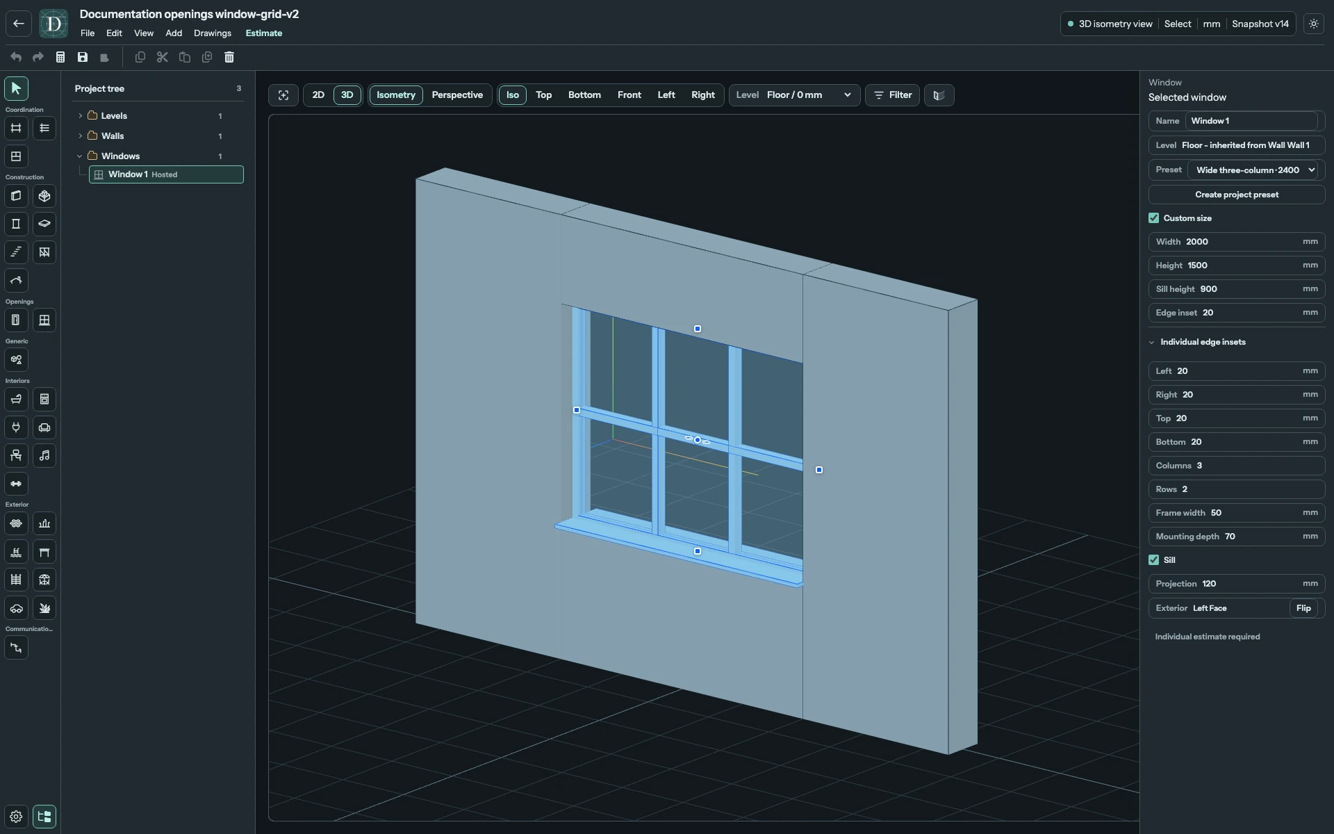 The same Window in 3D: Frame width 50 mm, Mounting depth 70 mm and sill Projection 120 mm. Full 3D editor focused on that Window in its host Wall, showing frame depth, mullions and the projecting interior sill.