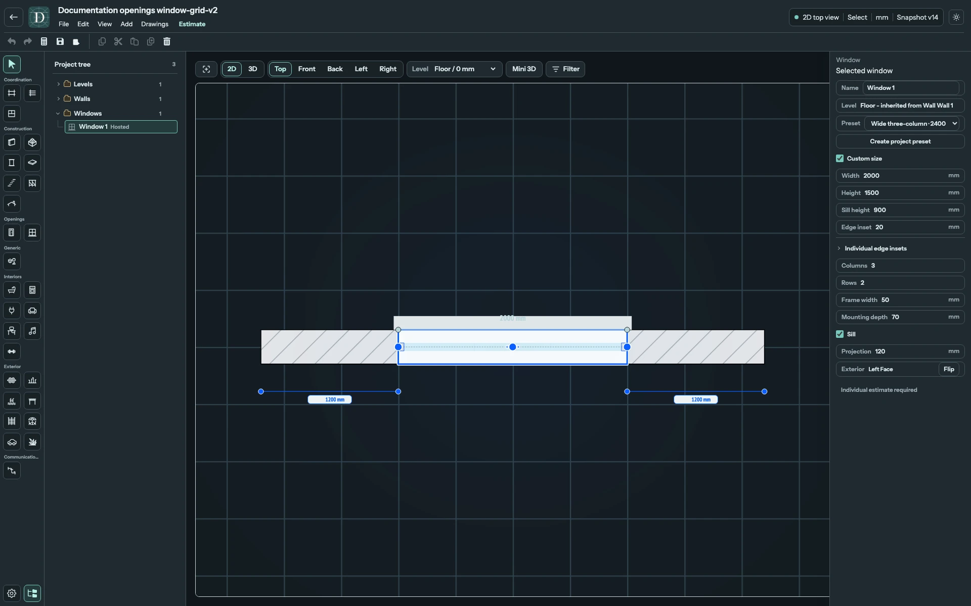 Top shows the opening position and width along its host Wall. Sill height and glazing subdivision are checked in Front and 3D. Full Top 2D editor with one 2000 mm Window in a Wall, its center and end grips and the inherited Floor Level.