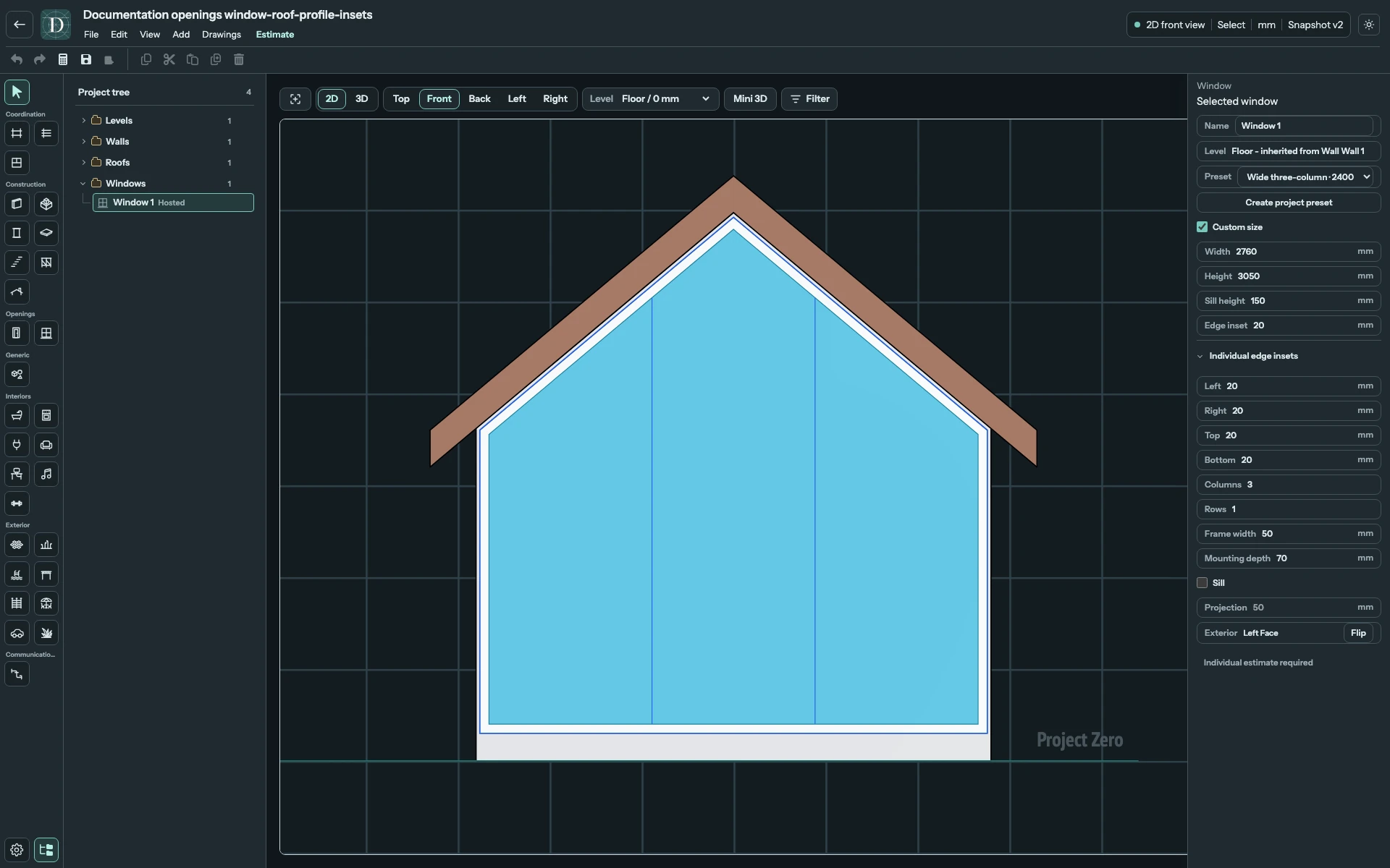 Before: the 2760 mm opening follows a sloping host profile, with 20 mm clearance from its edges. Full Front editor with a wide Window following its Roof-bound Wall's gable profile and all four insets set to 20 mm.
