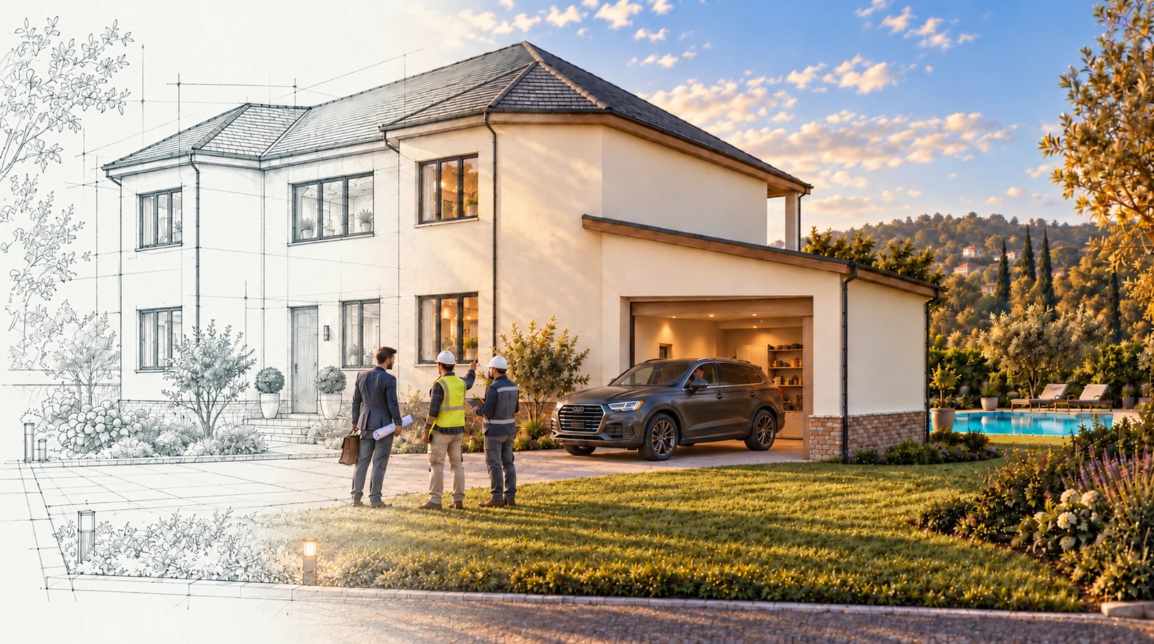 The same Test Mansion home transitioning smoothly from an architectural drawing on the left to a completed house with a garage, pool and landscaping on the right
