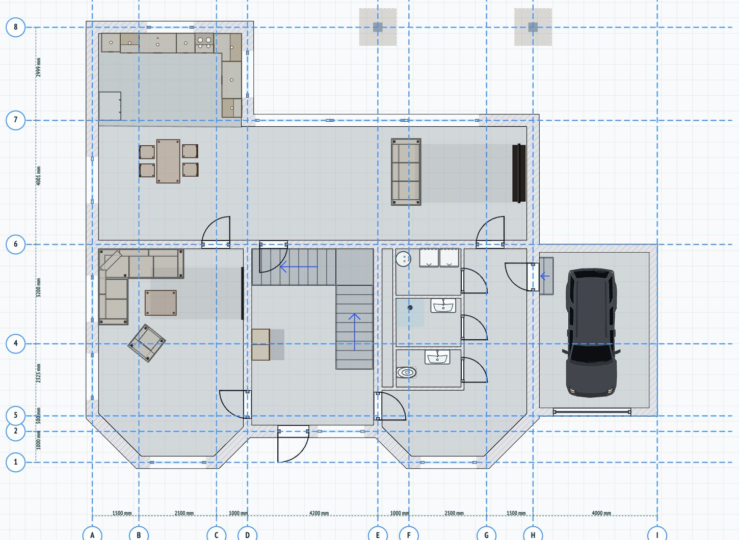 2D architectural plan with dimensions and furniture
