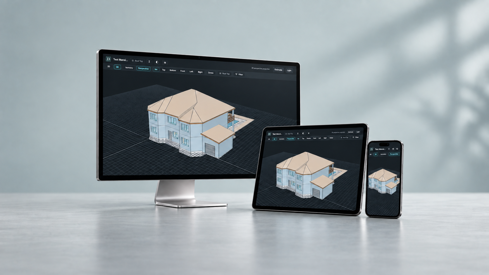 Illustrative device mockup: the same Test Mansion project shown in perspective on a realistic monitor, tablet and phone with compact interface controls