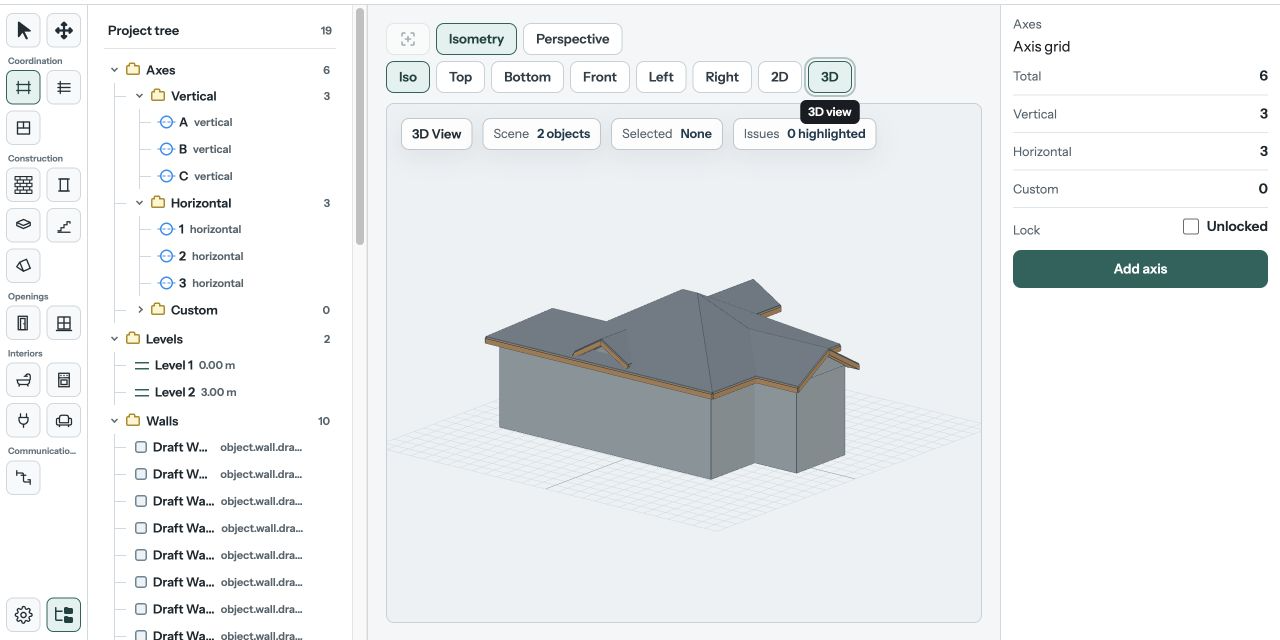 Editor in 3D isometry with axes and levels in the project tree