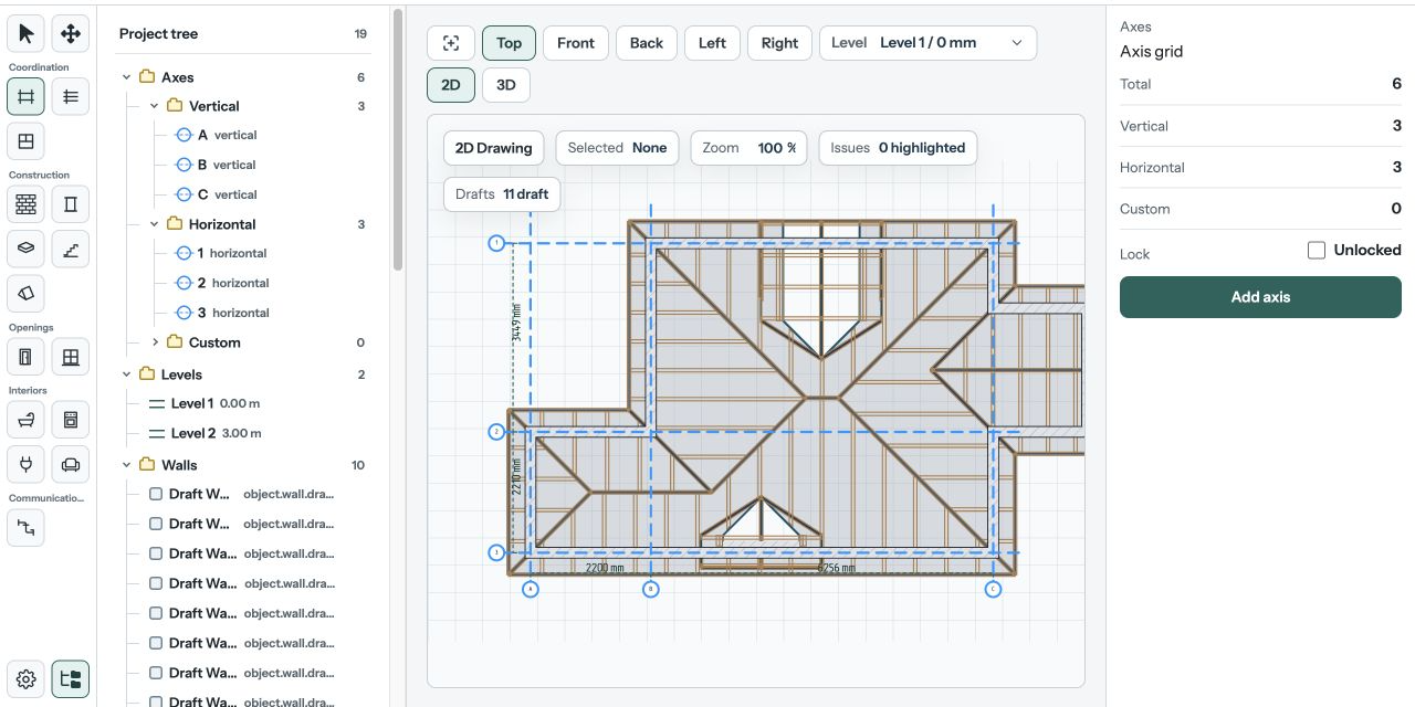 Editor in Top 2D with construction axes